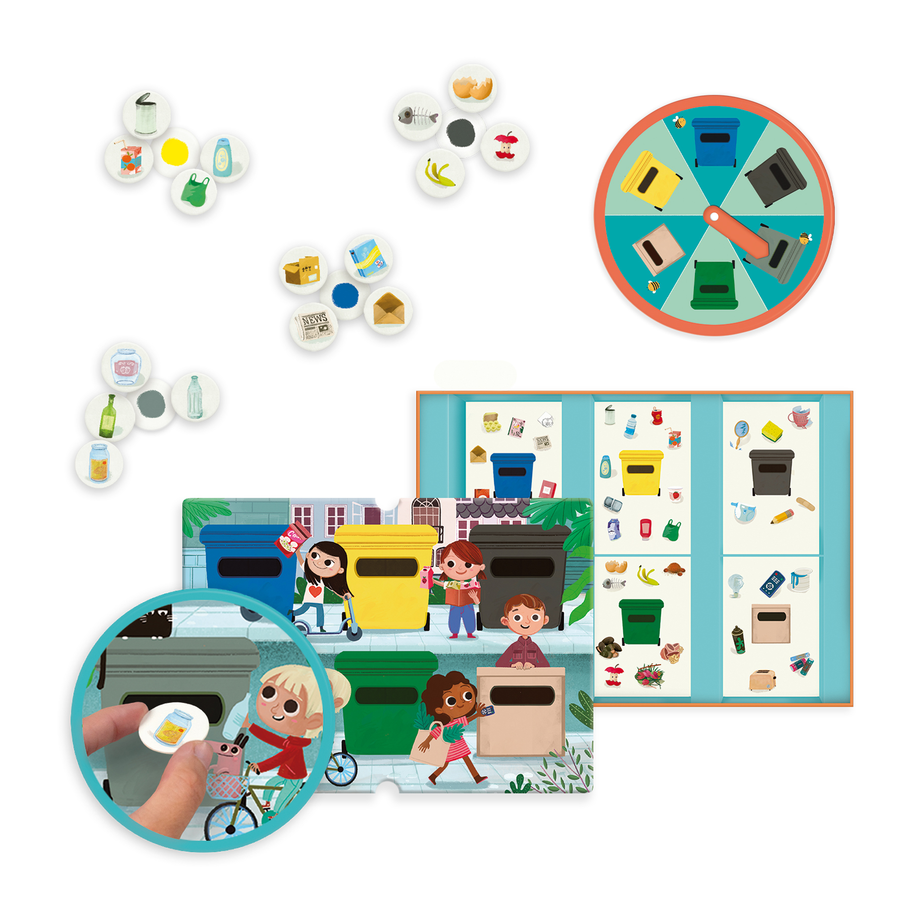 Spiel zum Thema Recycling. Enthält Mülltonnen, Recyclingartikel und Kinderillustrationen.
