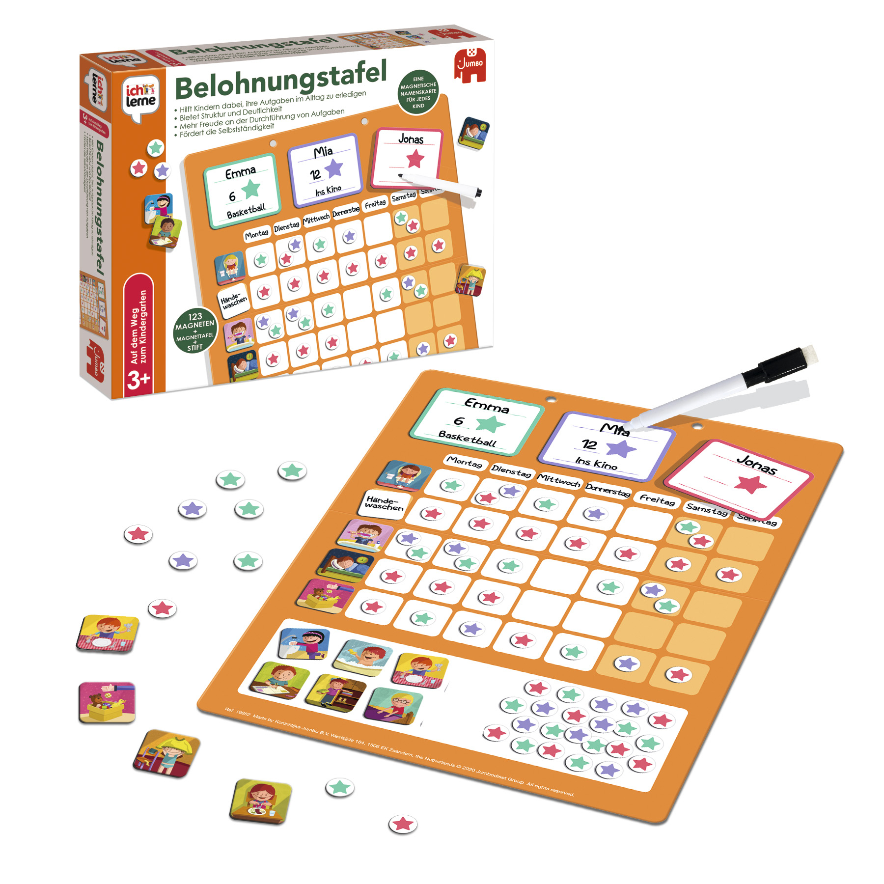 Belohnungstafel-Spiel mit Aufklebern und einem Whiteboard-Stift. Text: Belohnungstafel. Enthält: 123 Aufkleber.