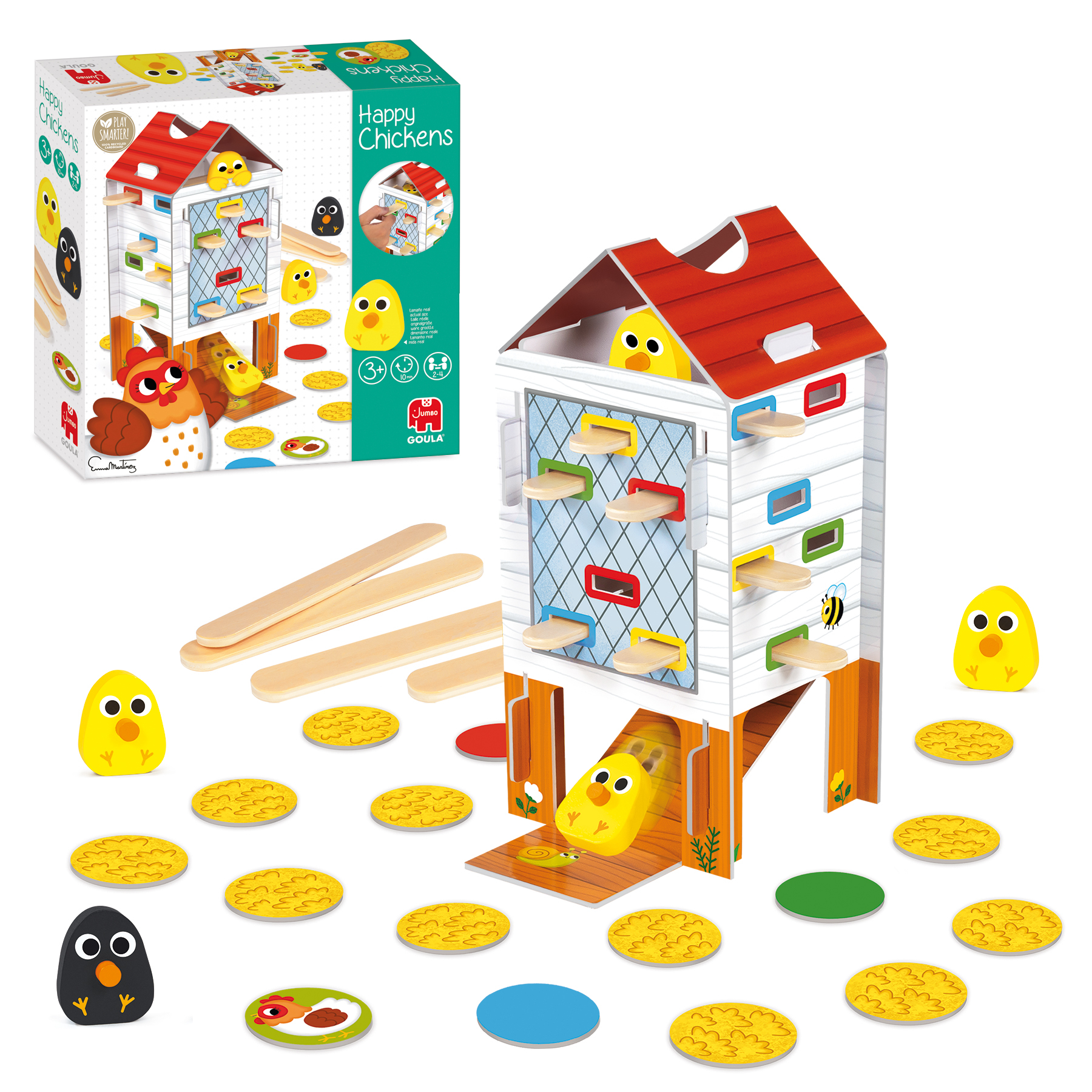 Una casa giocattolo con galline e una scatola di gioco. La scatola mostra il nome del gioco.