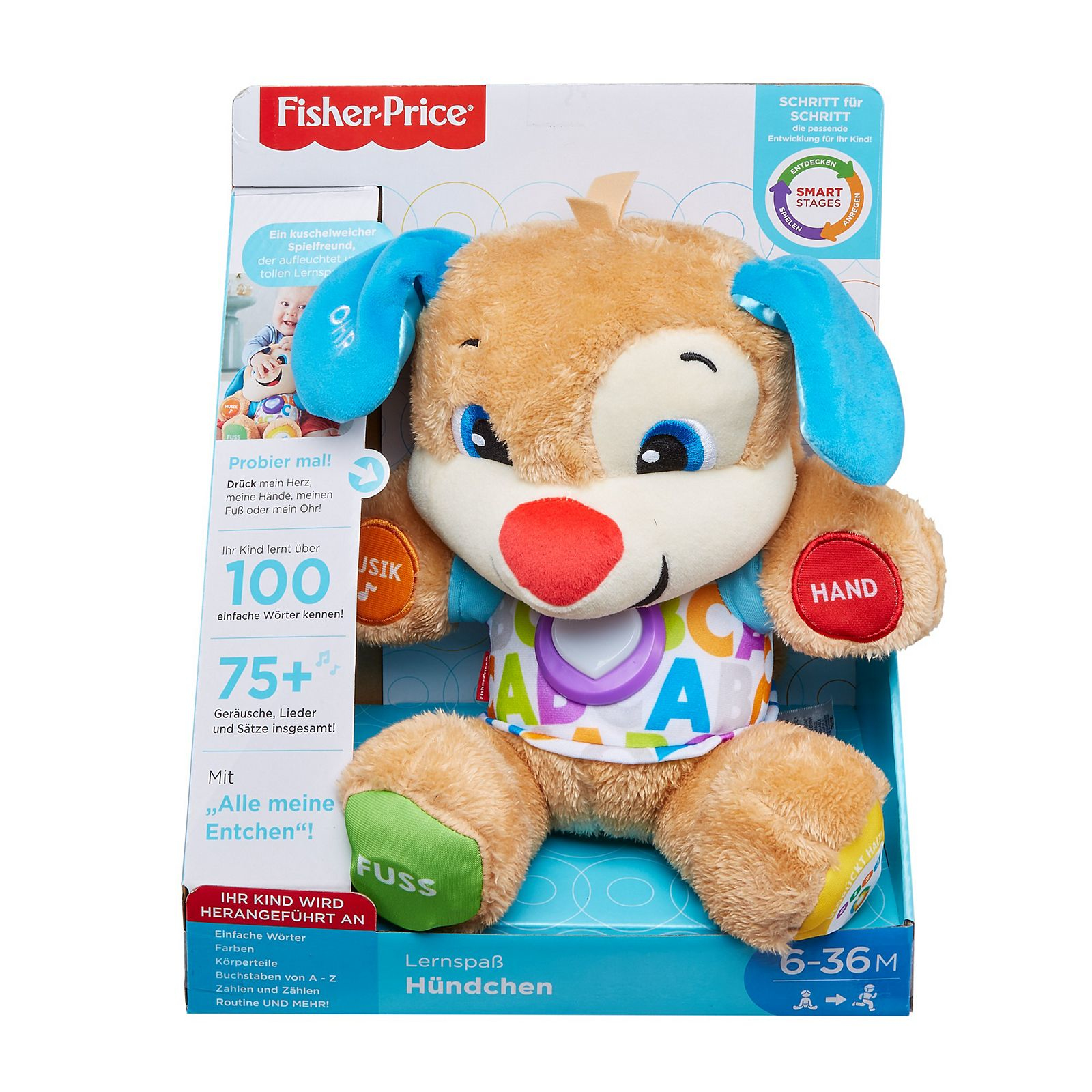 Fisher-Price Spielzeughund mit Knöpfen und Text auf der Verpackung.