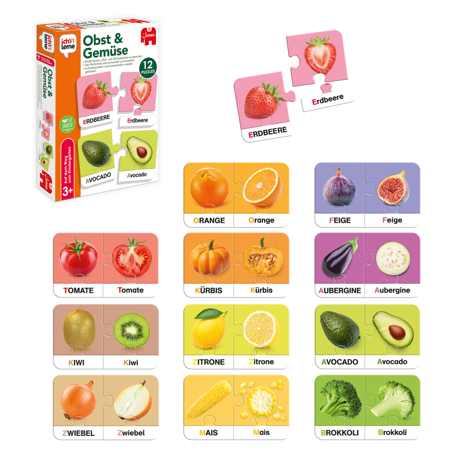Puzzlespiel mit Obst und Gemüse, mit passenden Hälften der jeweiligen Artikel gezeigt.