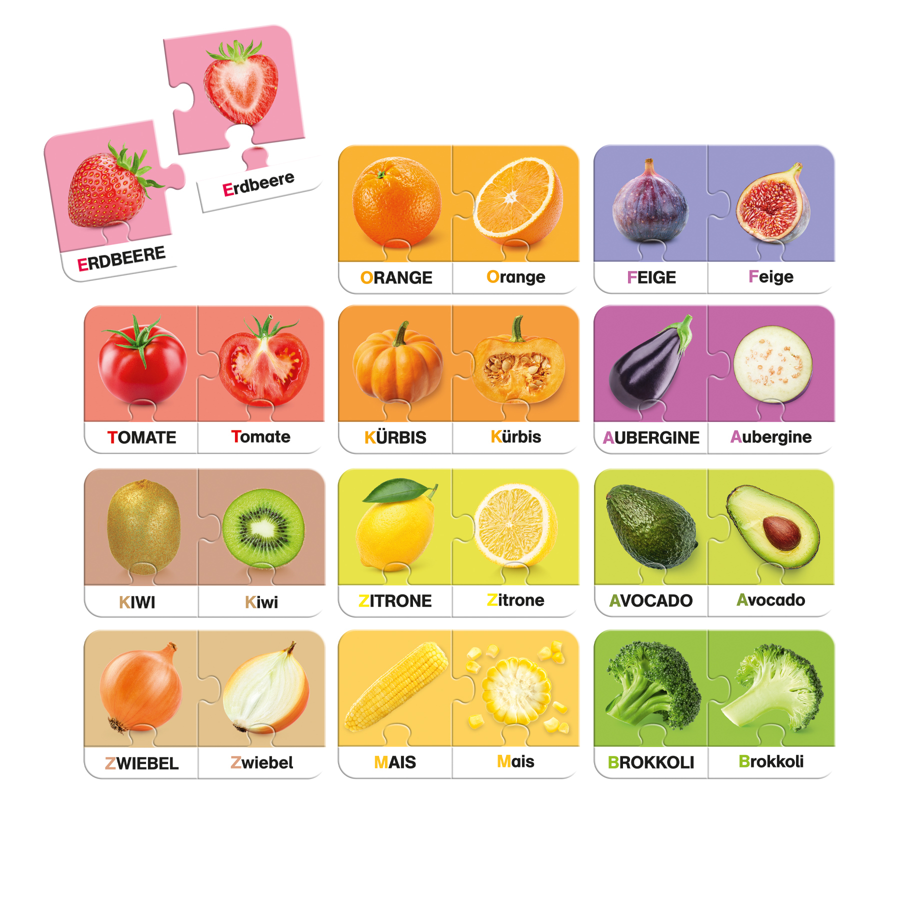 Puzzles von Obst und Gemüse. Zeigt Erdbeeren, Orangen, Tomaten und mehr.