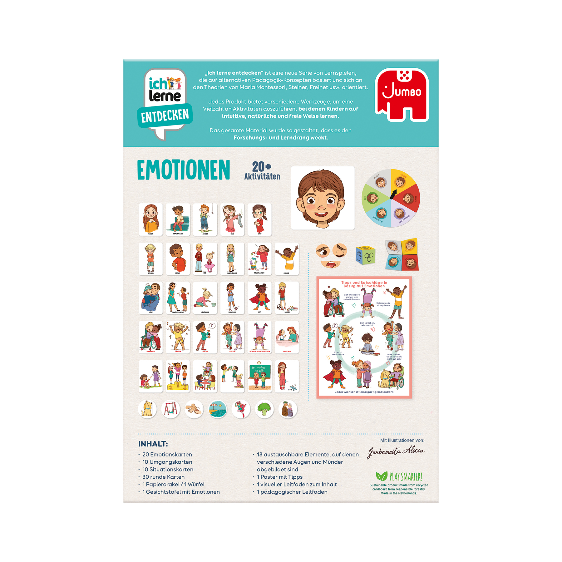 Un libro didattico con illustrazioni di emozioni e attività per bambini.