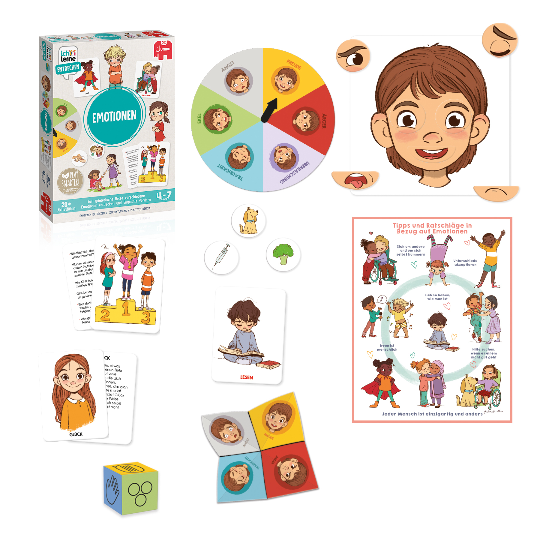 Un set di giochi sulle emozioni con una ruota, carte e disegni di volti. Mostrano emozioni diverse.