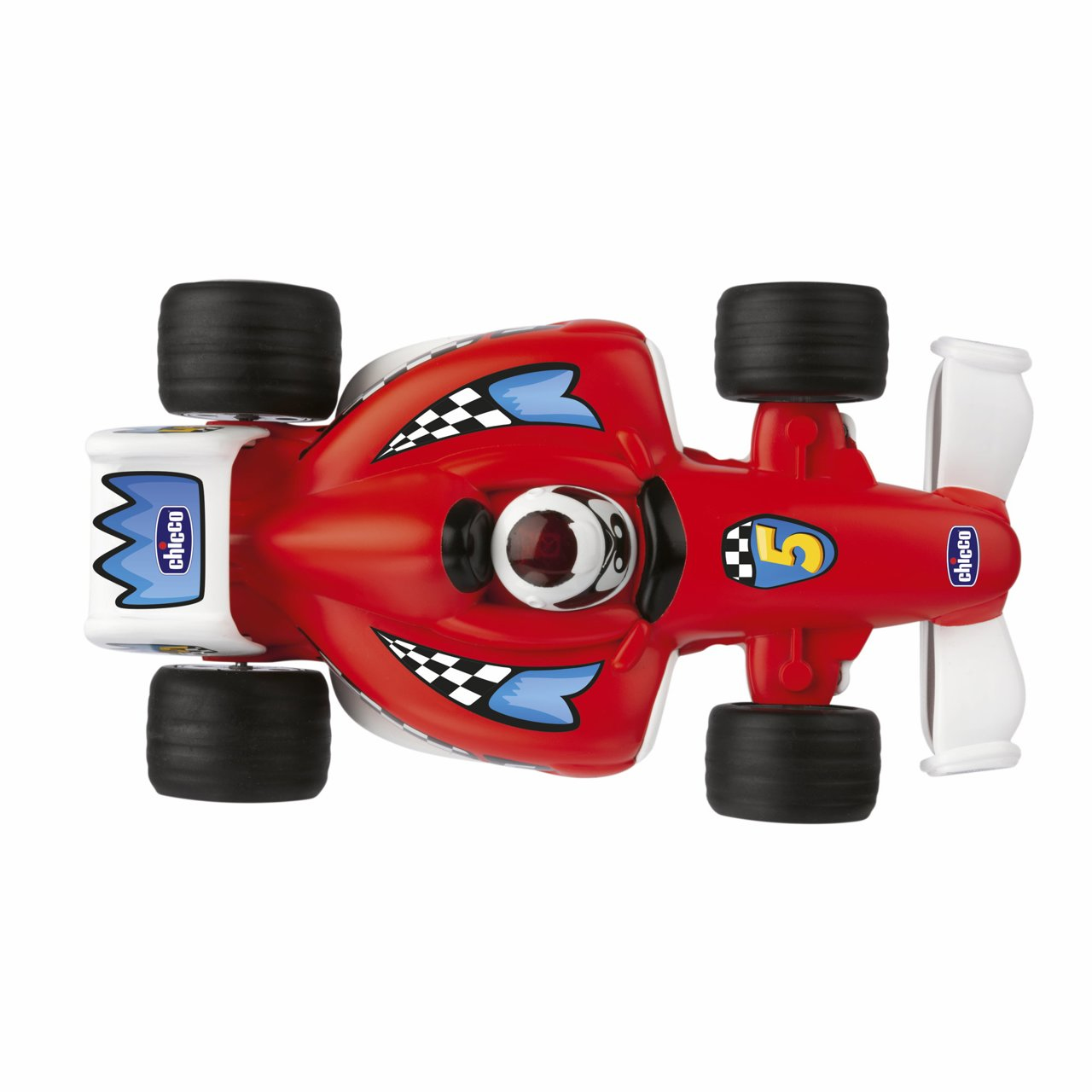 Ein rotes Spielzeug-Rennauto mit weißem Propeller auf weißem Hintergrund.