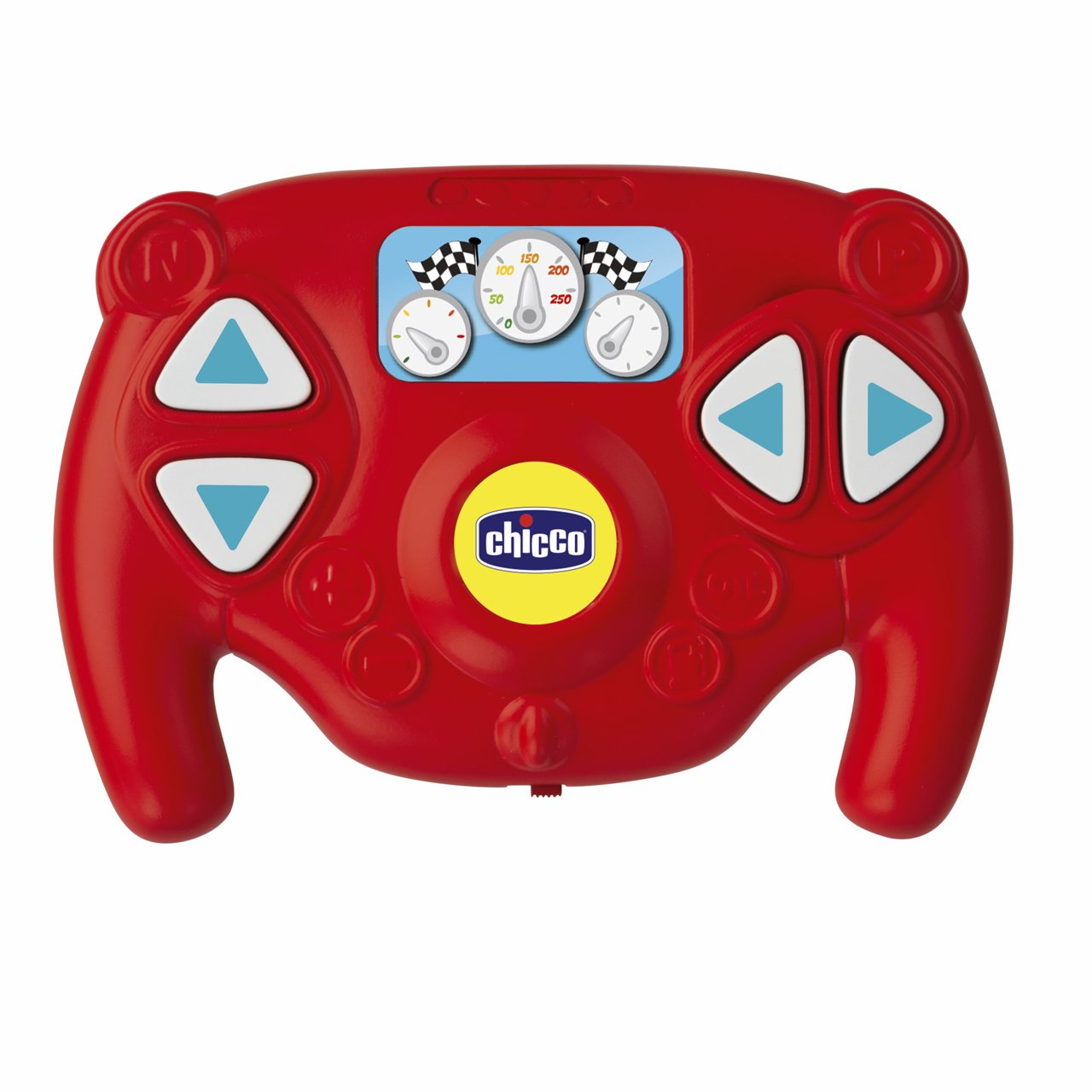 Rotes Spielzeug-Lenkrad mit Knöpfen und Zifferblättern. Das Logo 'Chicco' ist mittig.