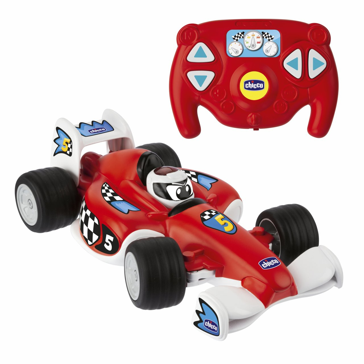 Ein rotes Spielzeug-Rennauto mit Fernbedienung. Das Auto hat weiße und blaue Akzente.