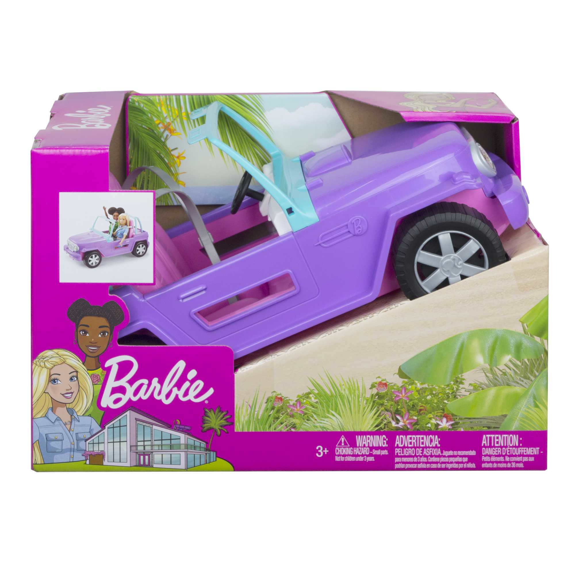 Coche de juguete Barbie en caja, un jeep morado, con ilustraciones de Barbie y amigas.
