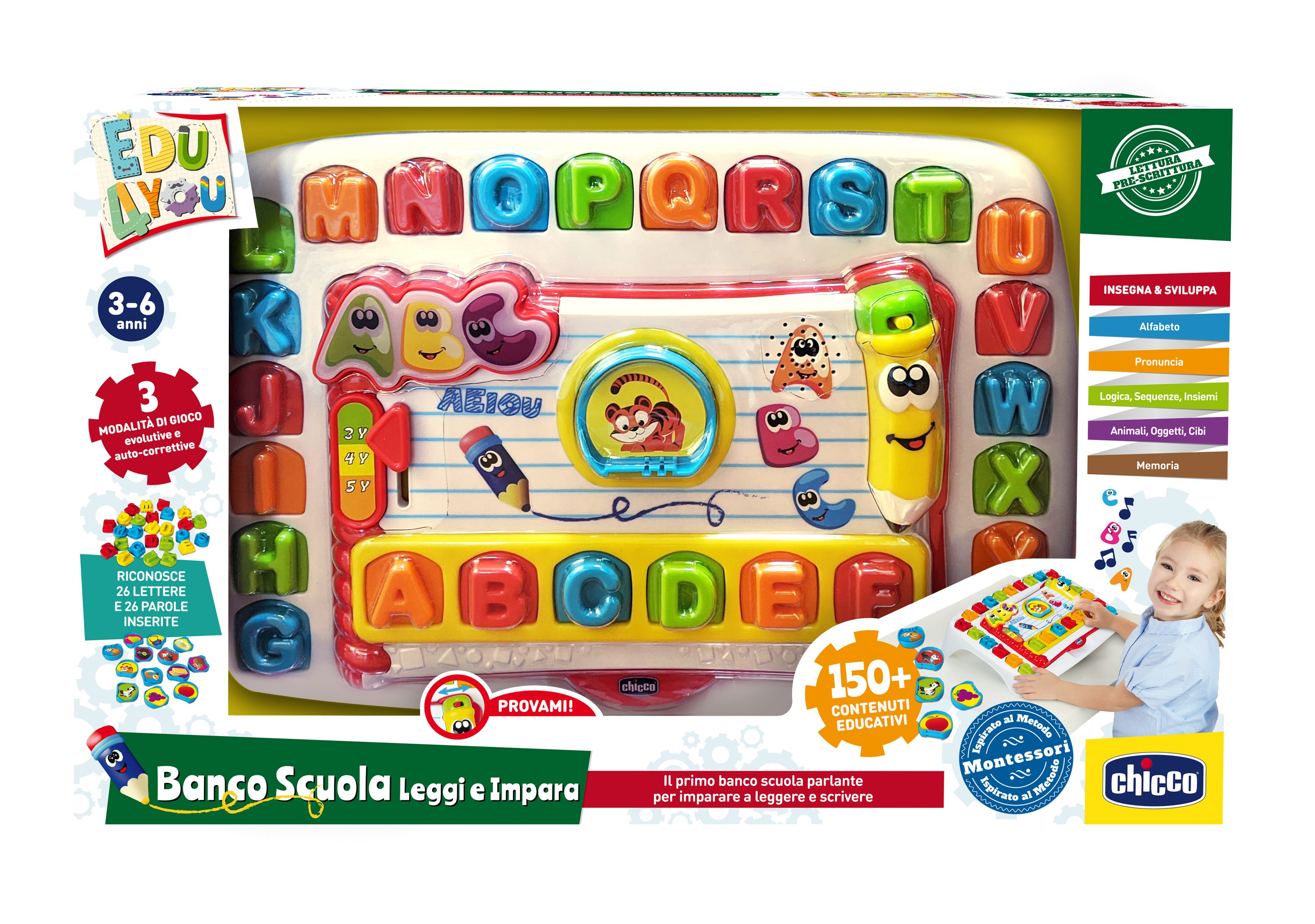 Kolorowa zabawka edukacyjna z literami i ilustracjami, z uśmiechniętą dziewczynką.