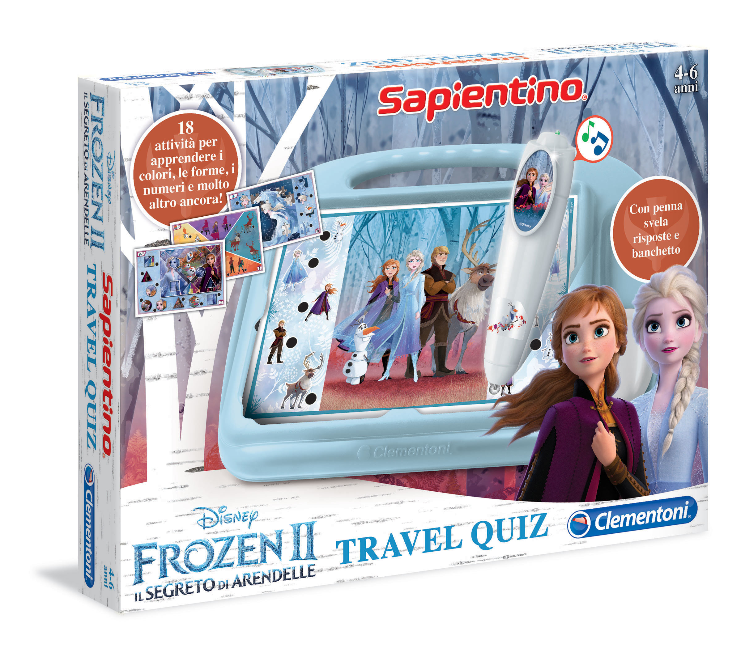 Pudełko Frozen 2 Travel Quiz ze sceną gry. Pudełko przedstawia postacie z filmu. Dołączony jest również długopis.