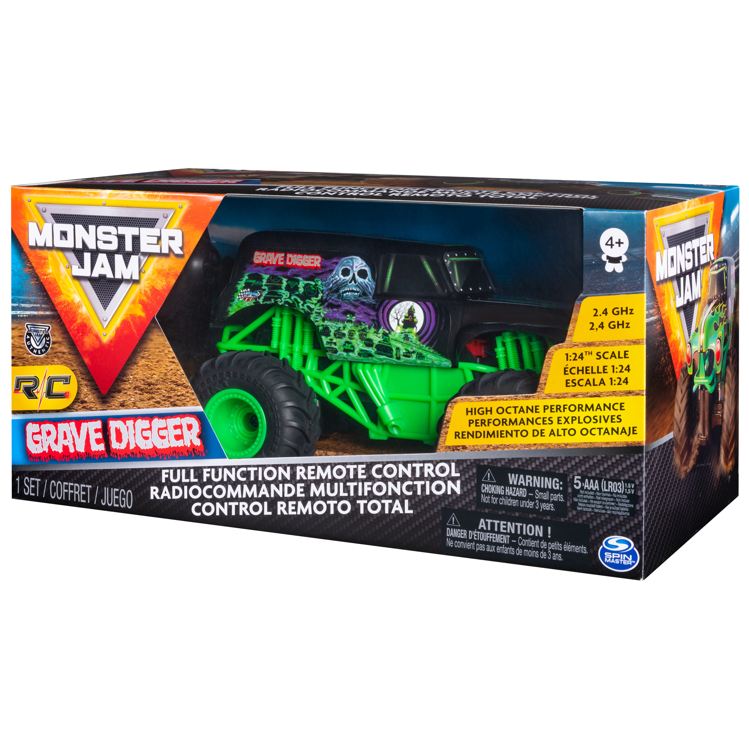 Zabawkowy Monster Jam Grave Digger w pudełku. Zielone akcenty i design czaszki.