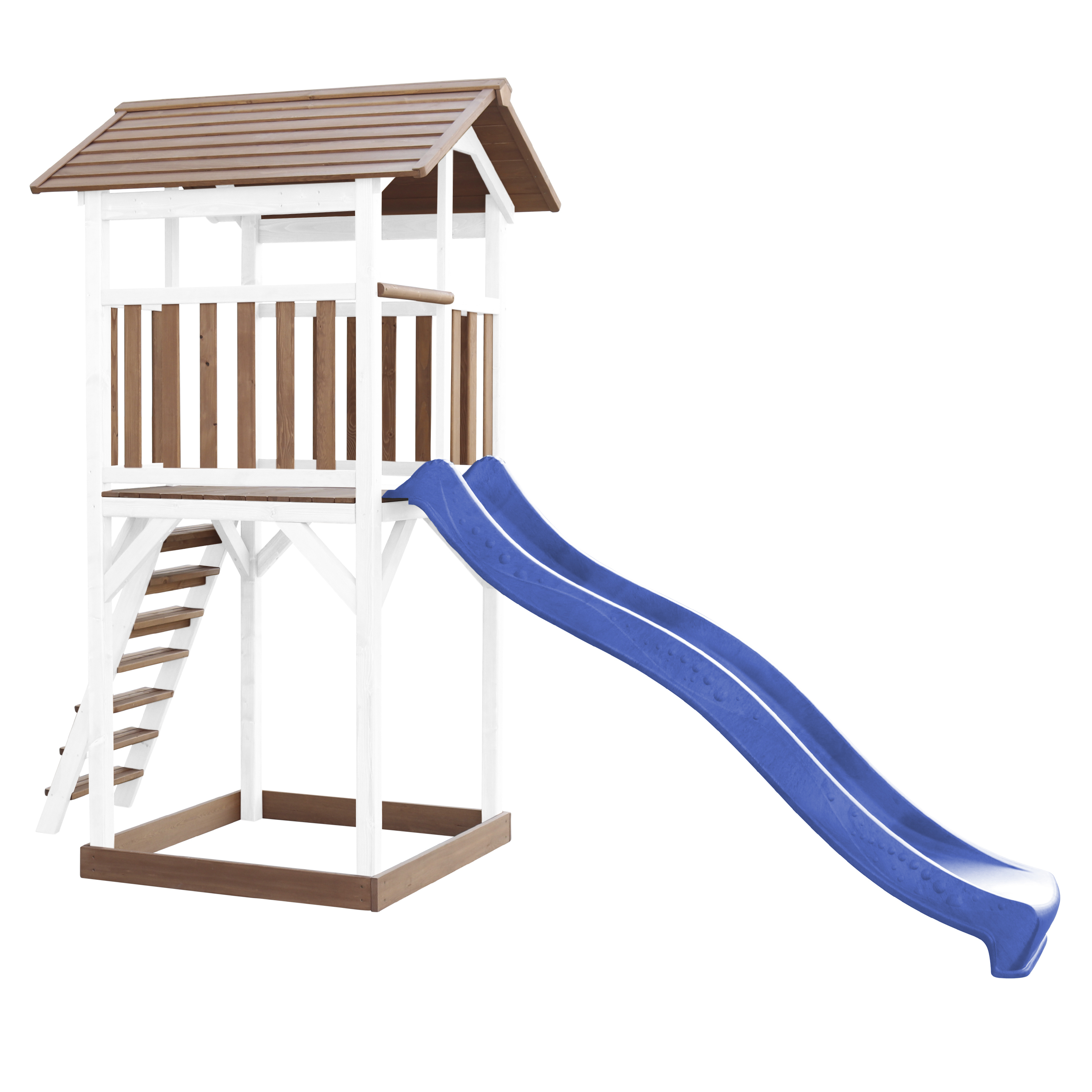 Ein Holzspielplatz mit Rutsche, Treppe und kleinem Dach. Weiße und braune Farben.