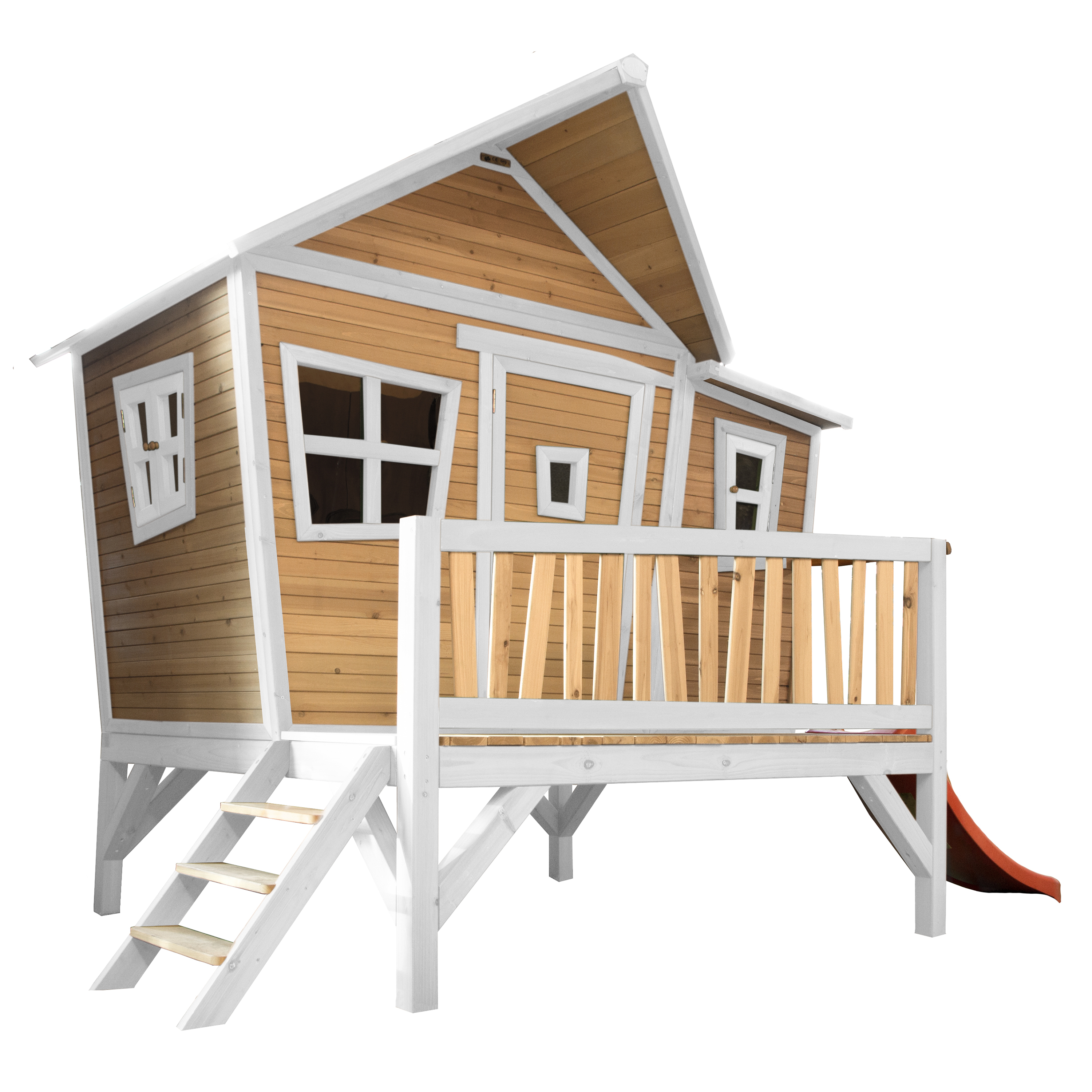 Holzspielhaus mit Treppe, Rutsche und Veranda. Weißes und braunes Farbschema.