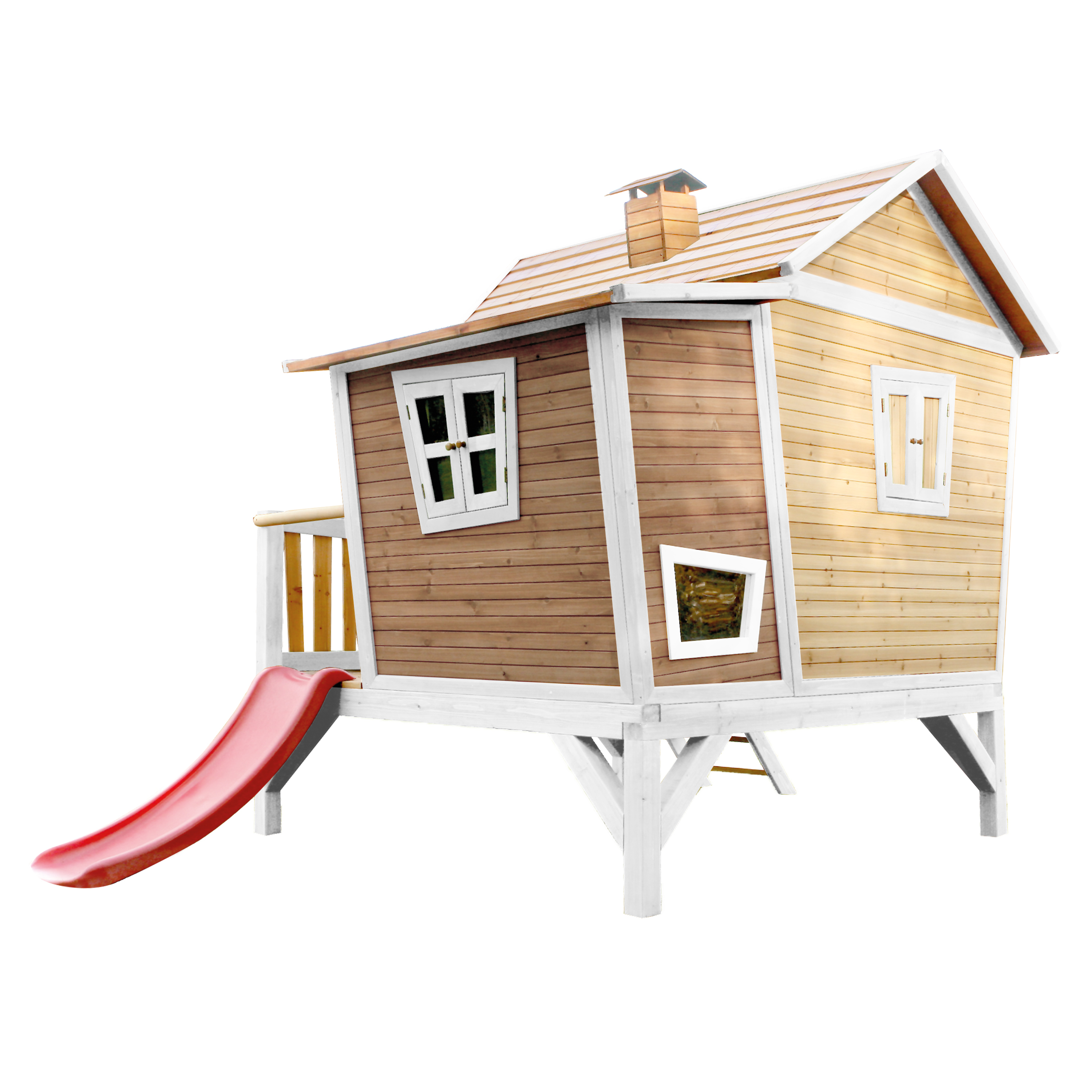 Spielhaus aus Holz mit Rutsche und rotem Dach.