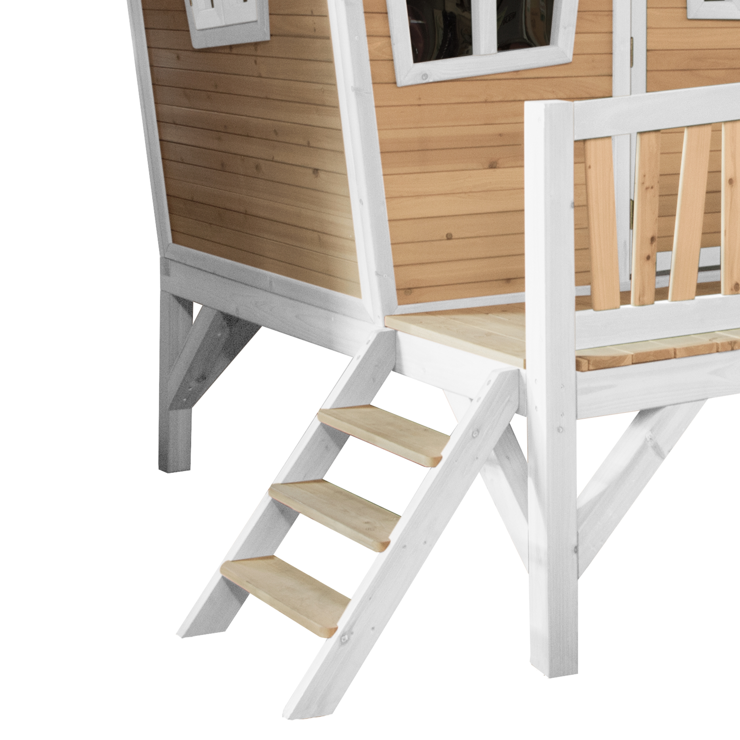 Holzspielhaus mit weißem Geländer und Treppe. Das Haus ist weiß und braun.