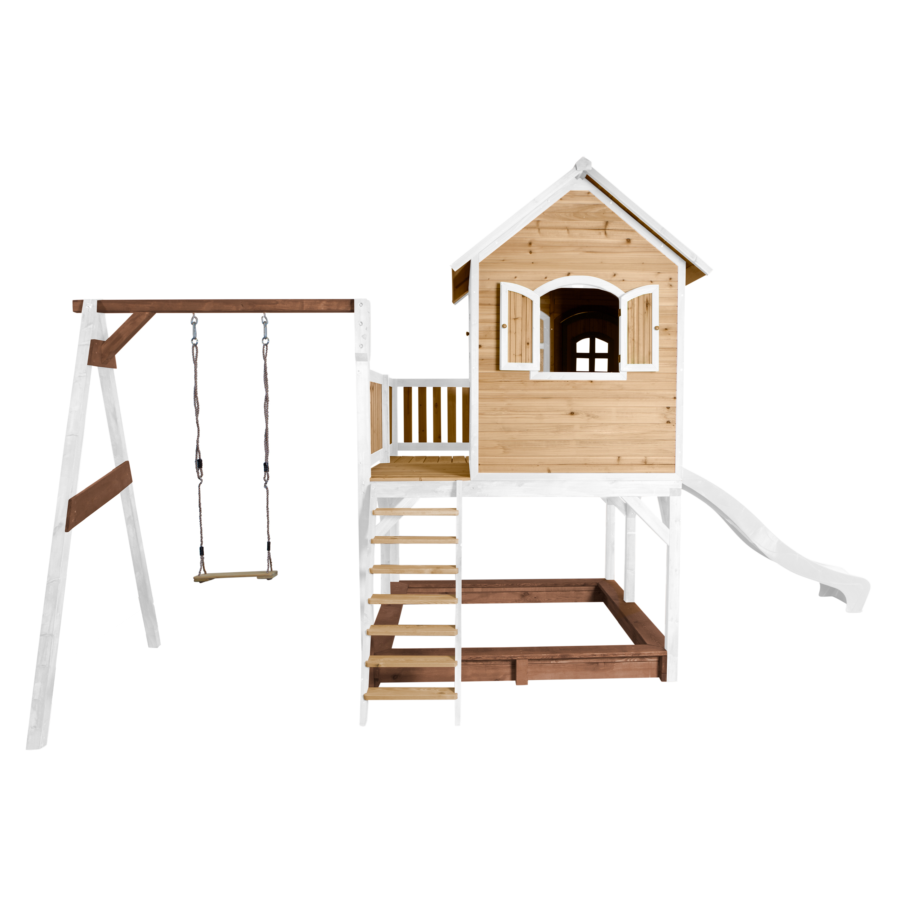 Holzspielplatz mit Haus, Rutsche, Schaukel, Sandkasten auf weißem Hintergrund.