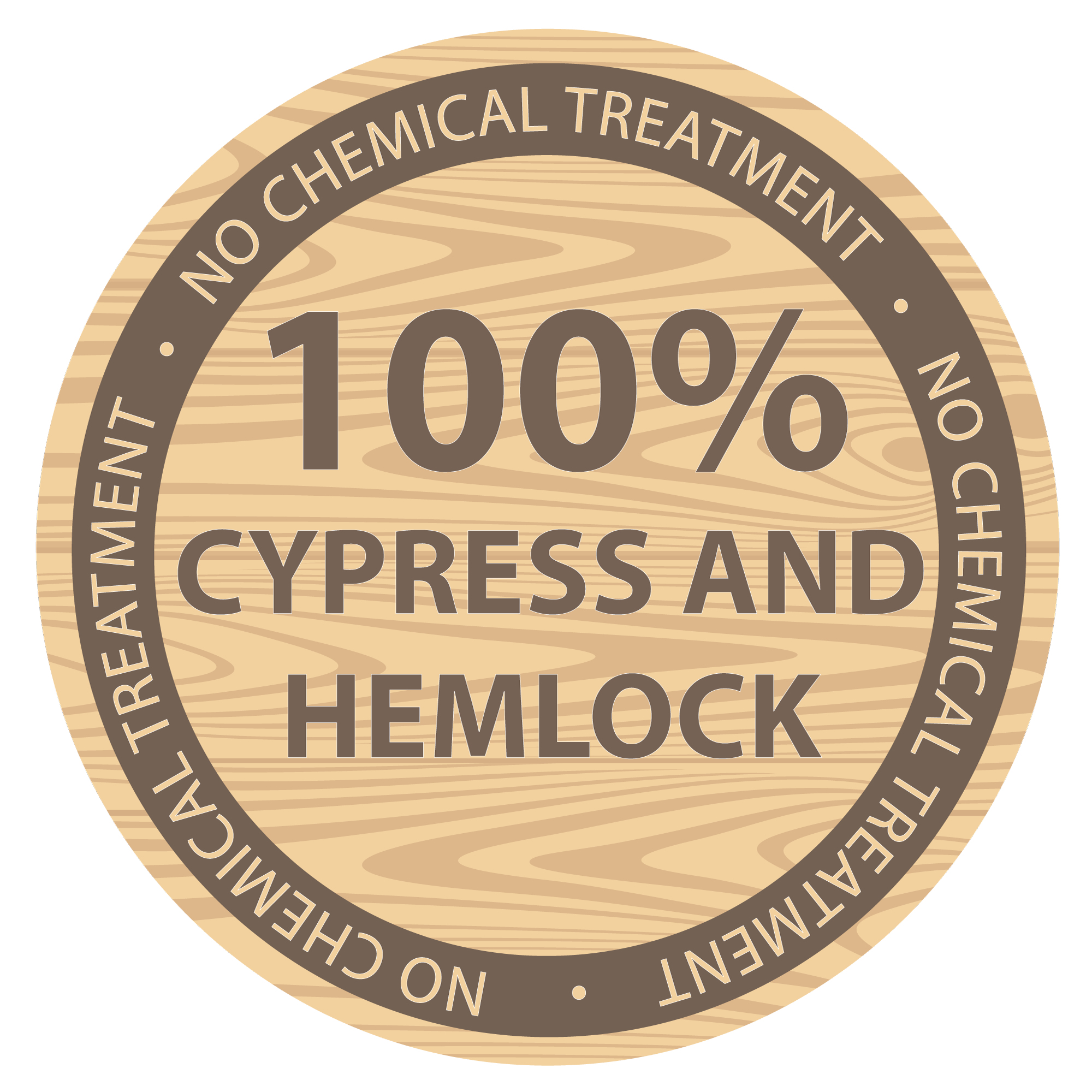 Rundes Holzschild mit Text: 100% Zypresse und Hemlock. Keine chemische Behandlung.