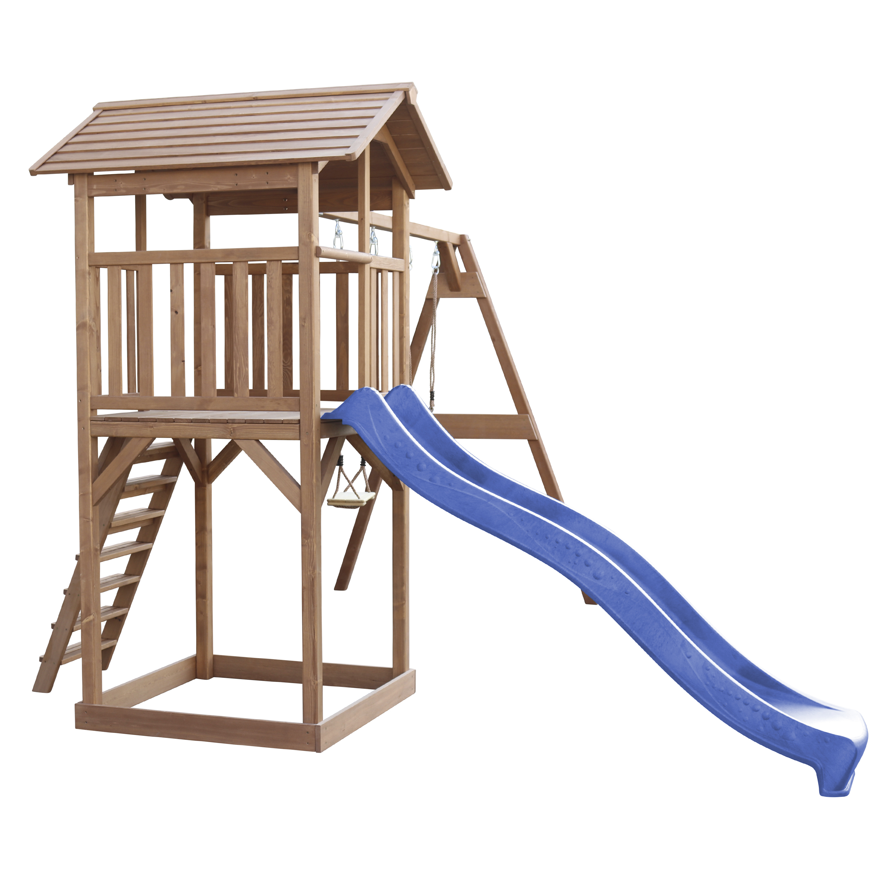 Spielplatz aus Holz mit Rutsche, Leiter und kleinem Haus oben.