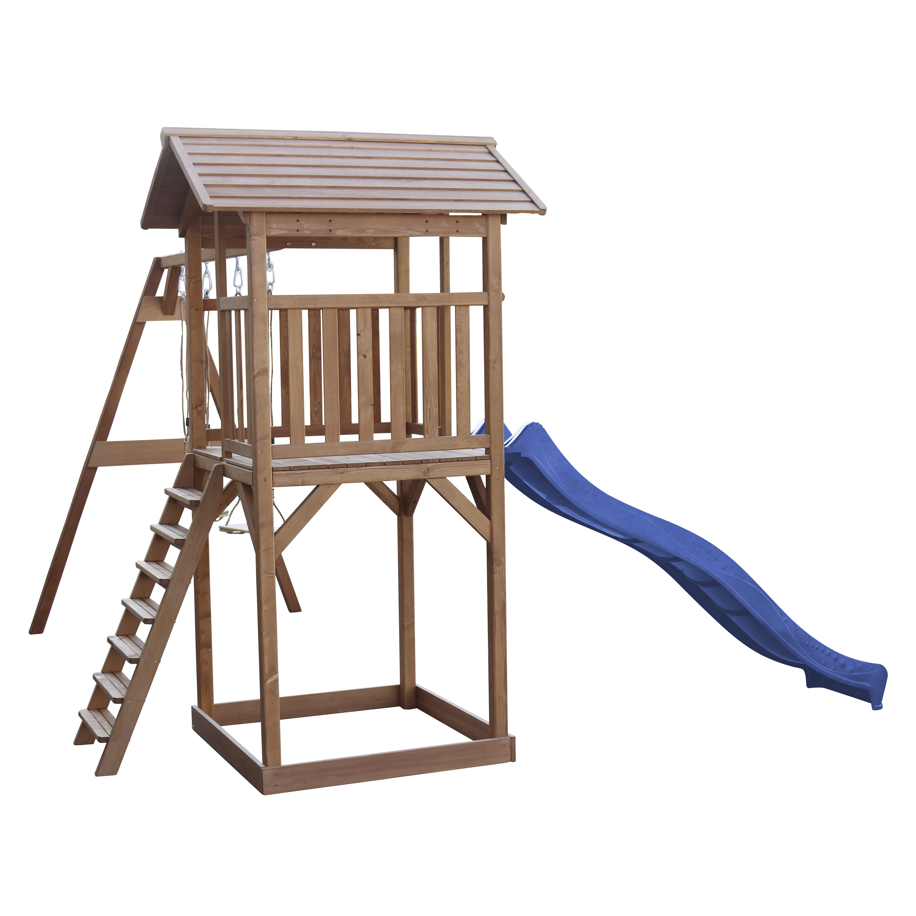 Spielplatz aus Holz mit Rutsche, Treppe und kleinem Dach. Es befindet sich auf weißem Hintergrund. Die Rutsche ist blau.