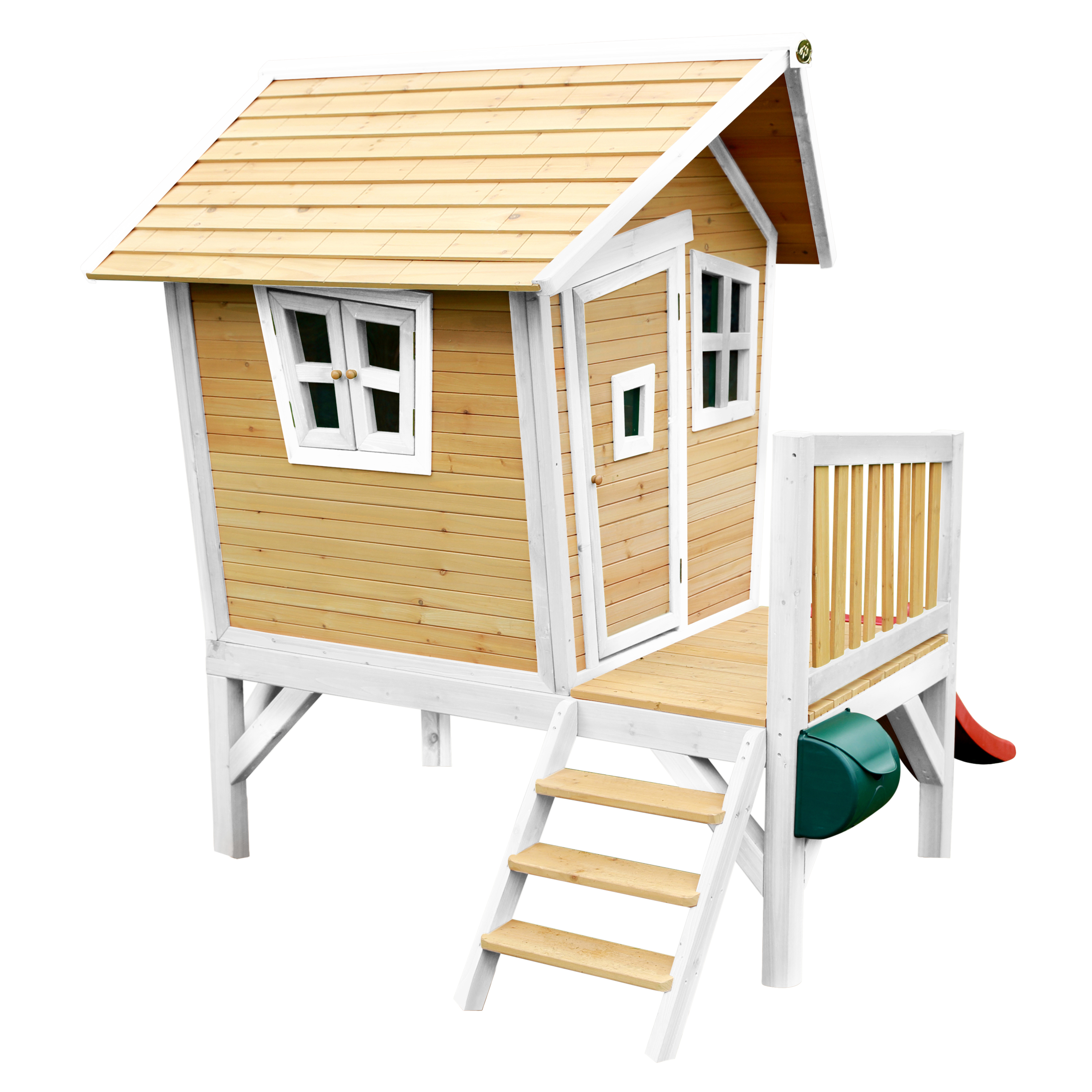 Spielhaus aus Holz mit weißem Rahmen, Treppe, Rutsche und grünem Briefkasten.