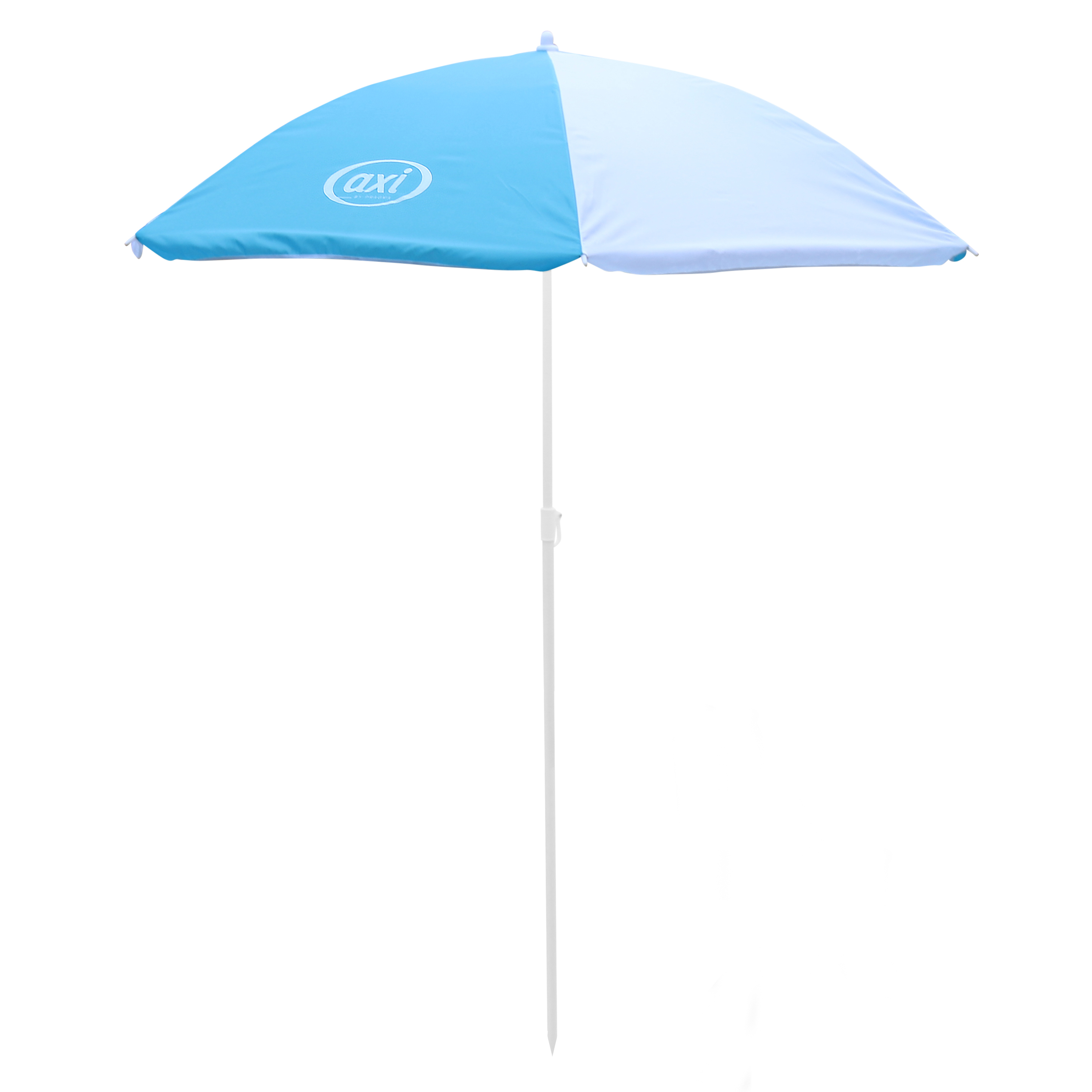 Blau-weiß gestreifter Sonnenschirm mit weißem Mast, vor weißem Hintergrund.