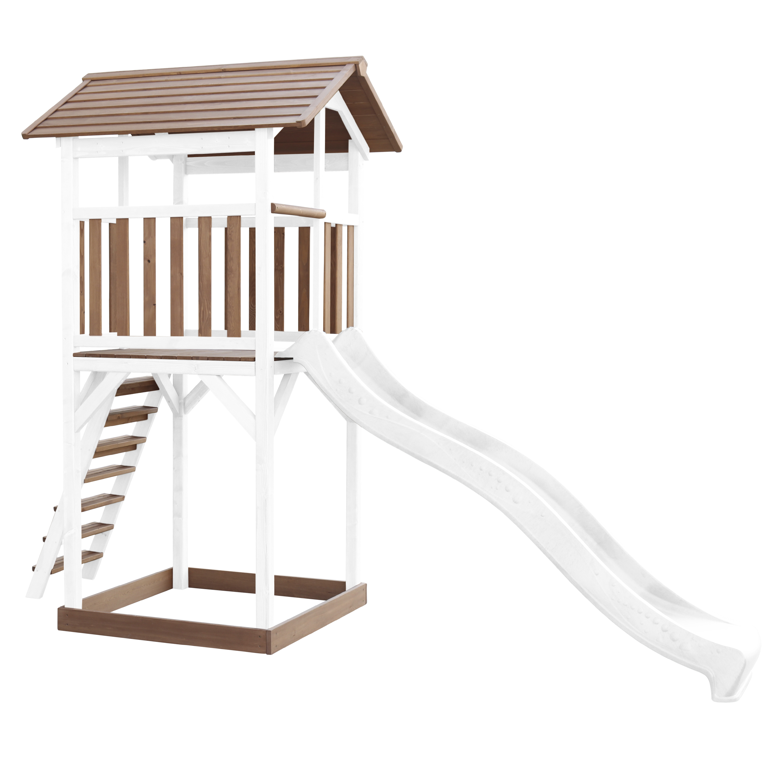 Ein Holzspielhaus mit Rutsche und Treppe wird gezeigt. Die Struktur ist weiß mit braunen Akzenten und einem Dach.