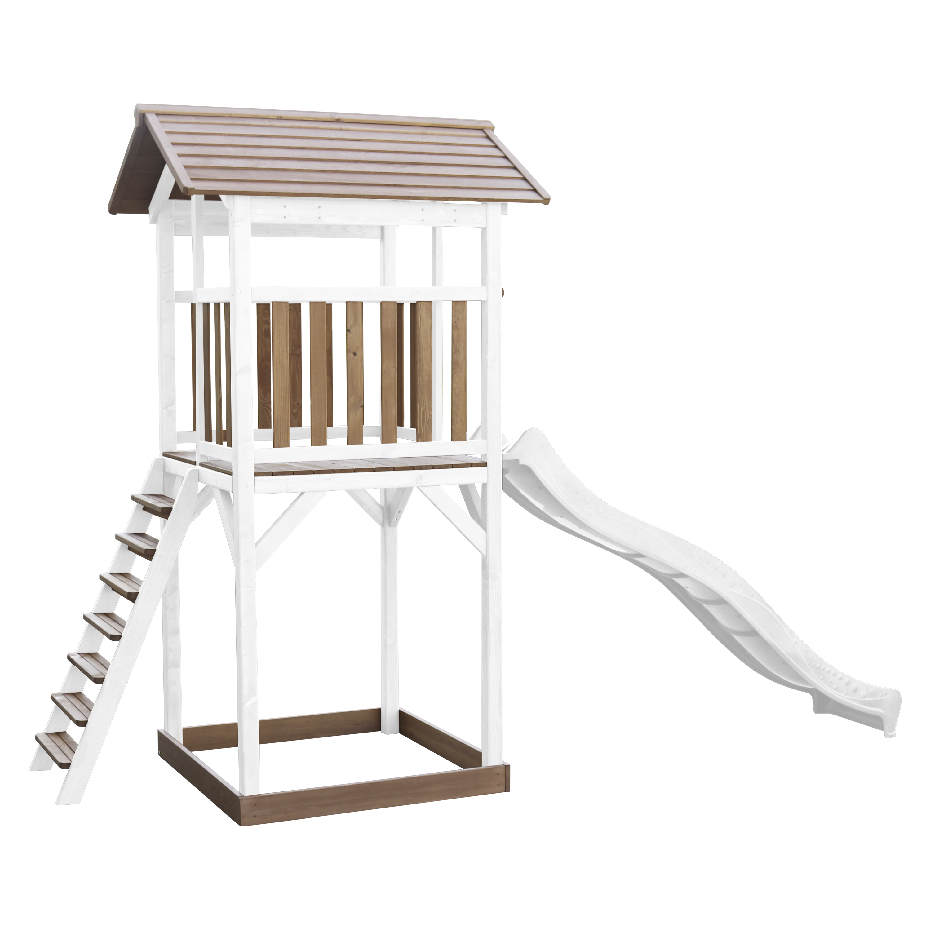 Ein Holz-Spielplatz mit Rutsche, Treppe und kleinem Haus. Weiß und braun.