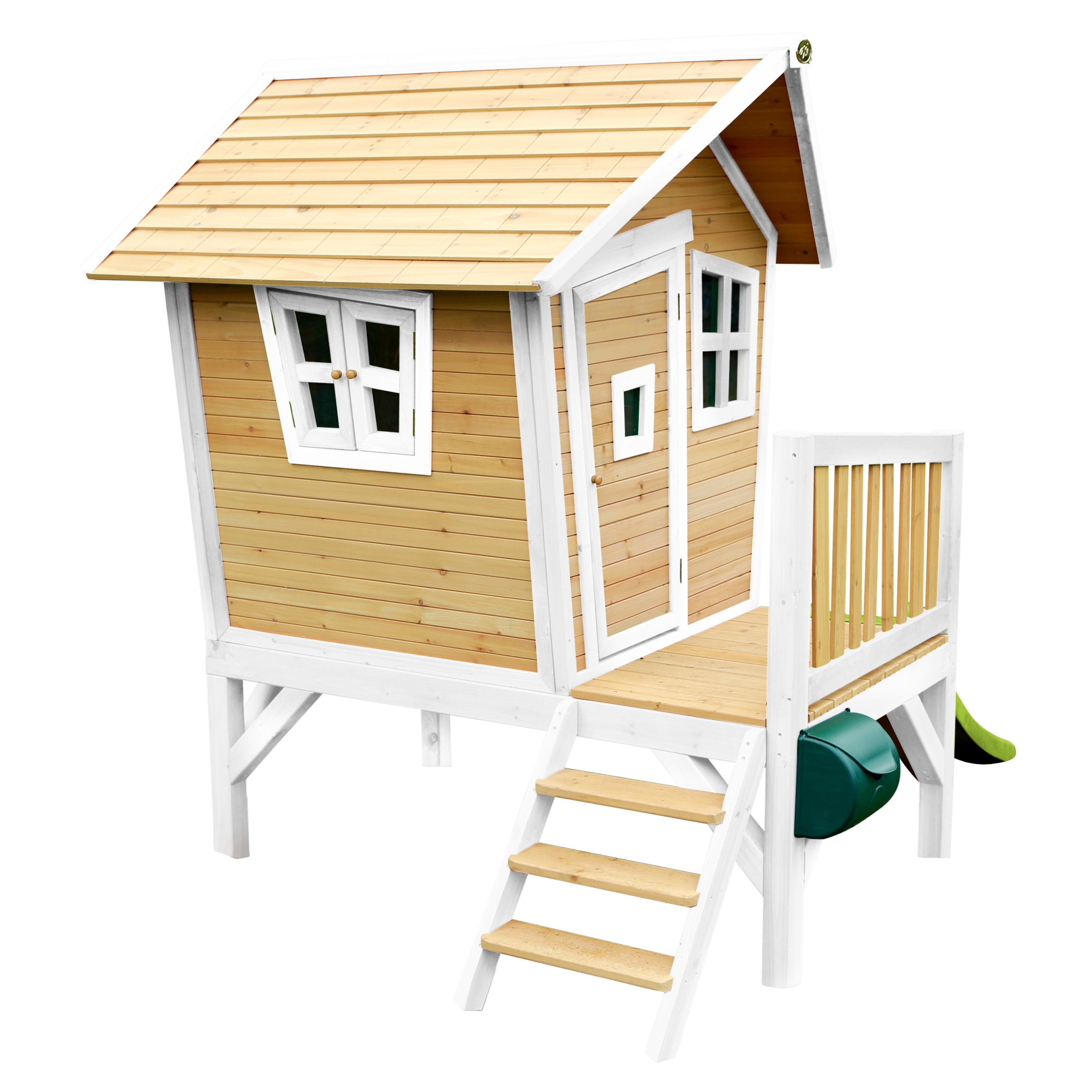 Holzspielhaus mit weißem Zierrat, kleiner Veranda, Stufen und Rutsche.