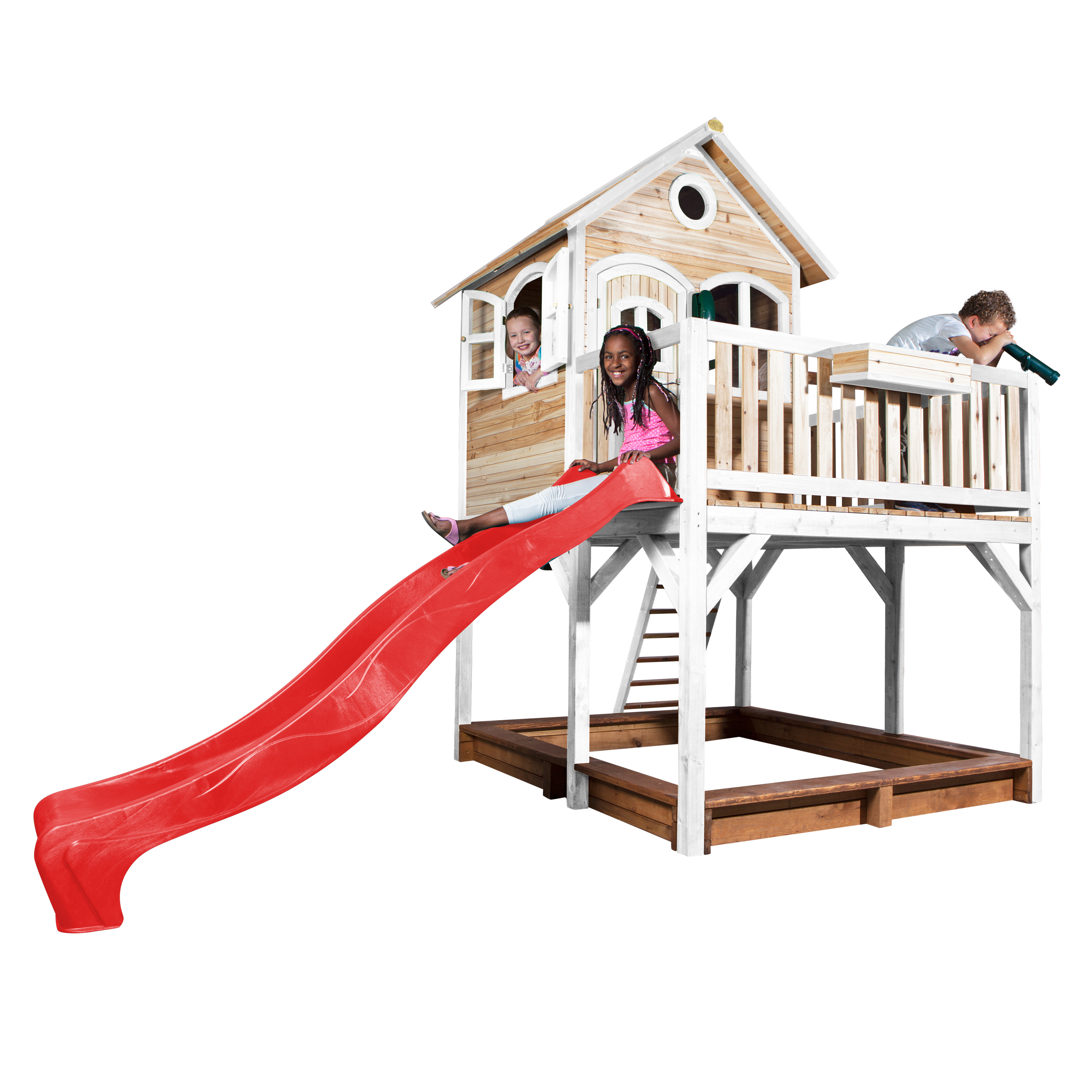 Spielplatz mit roter Rutsche, kleinem Haus und spielenden Kindern.