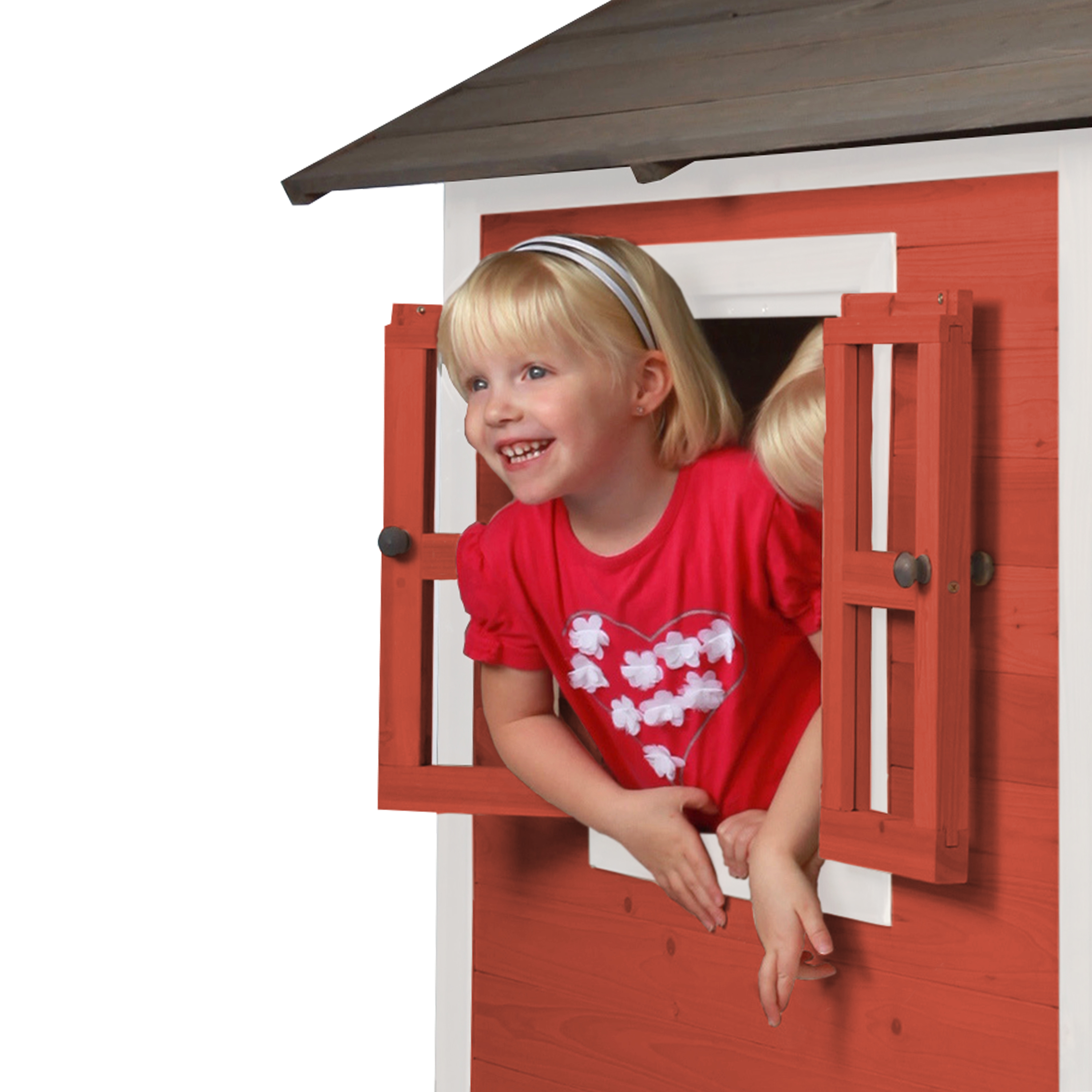 Junges Mädchen in einem roten Hemd, das aus einem rot gerahmten Fenster schaut.
