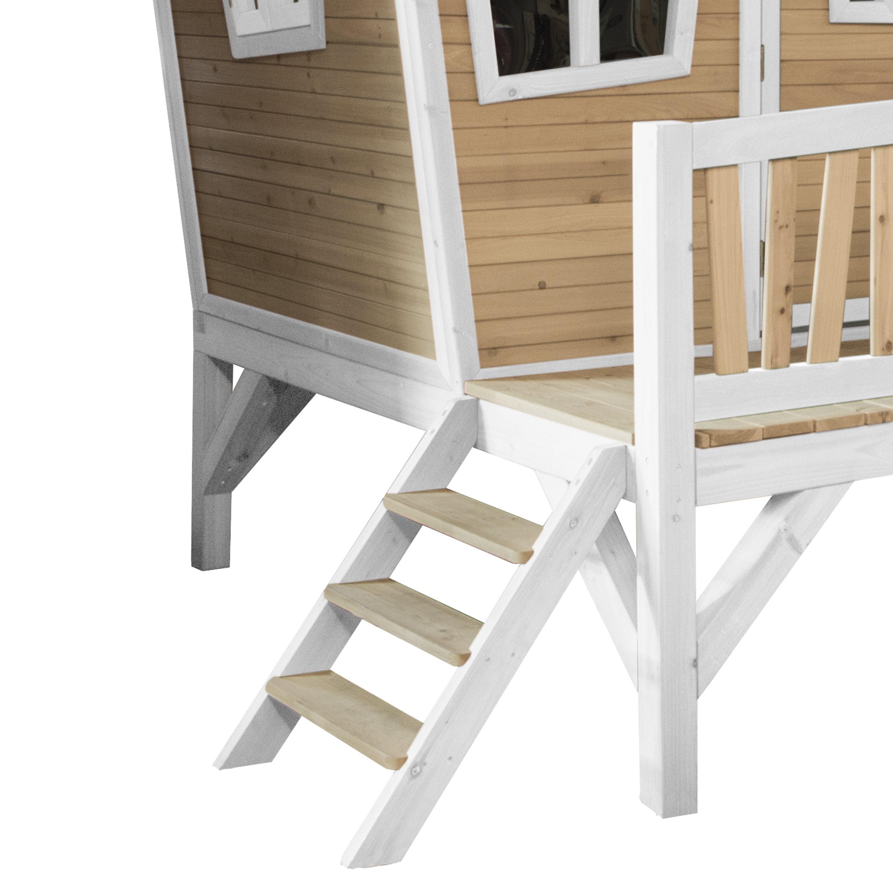 Nahaufnahme eines Holzspielhauses mit Stufen und weißem Geländer. Isoliert auf Weiß.