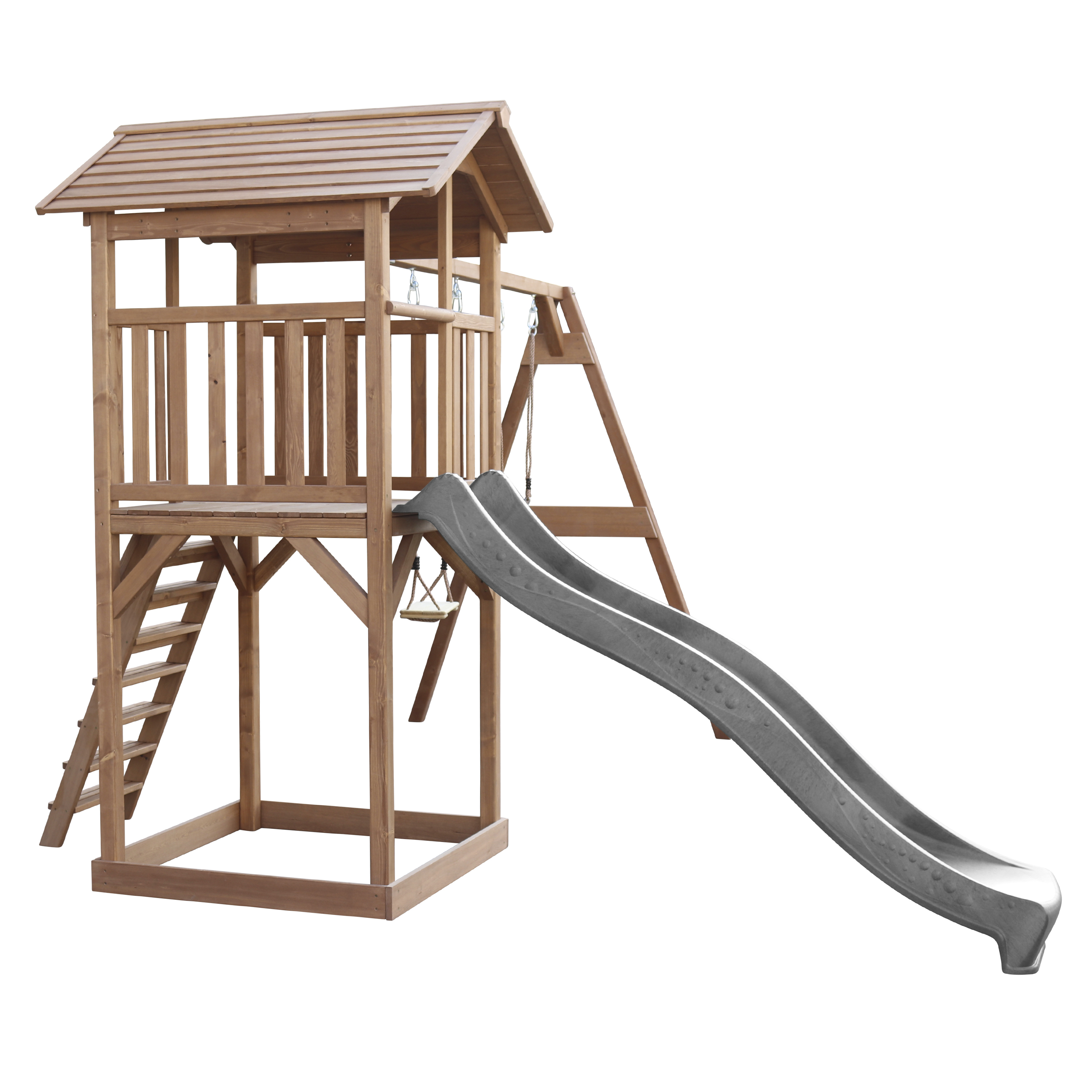 Spielplatz aus Holz mit Rutsche, Leiter und Schaukel. Die Konstruktion hat ein braunes Dach.