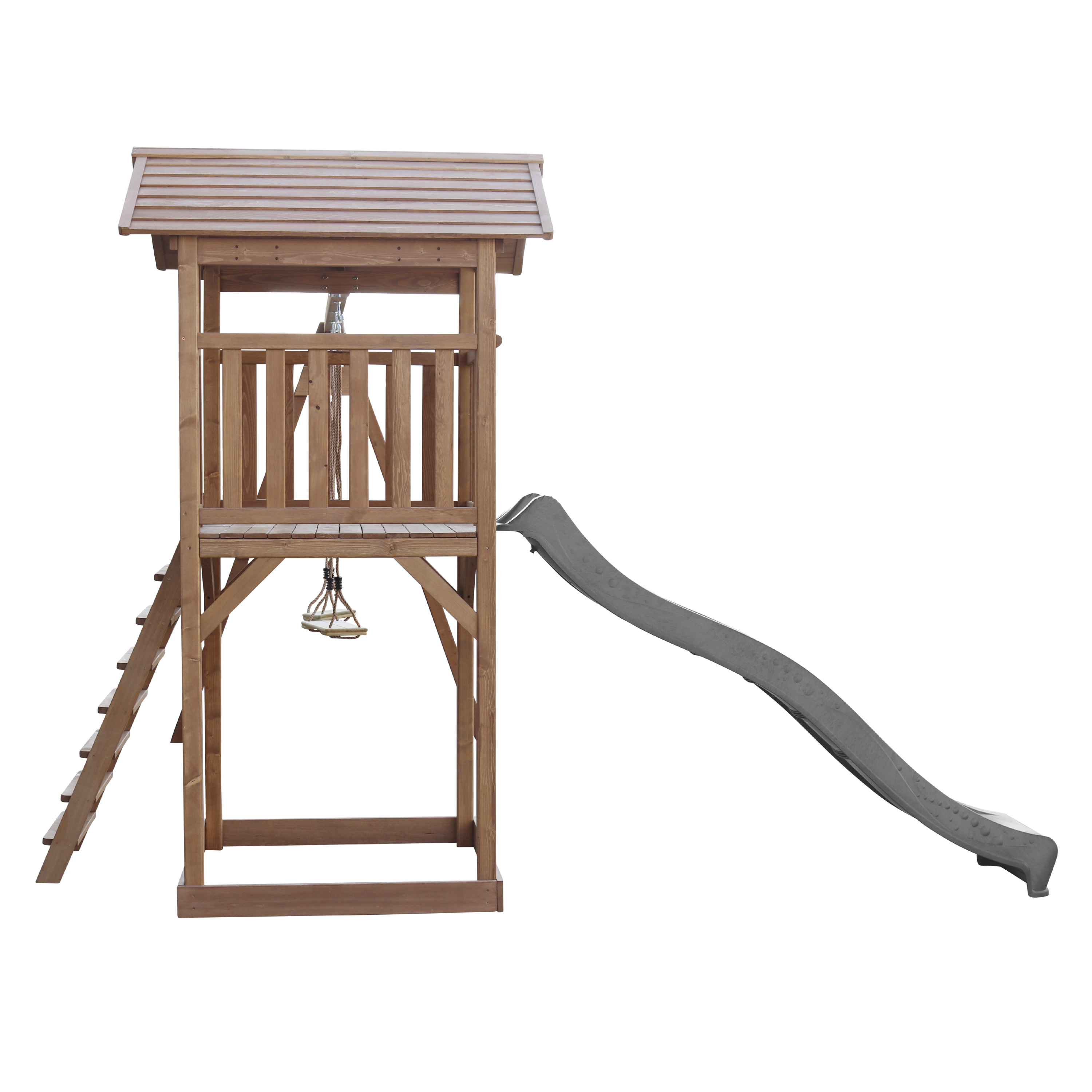 Spielplatz aus Holz mit Rutsche, Leiter und einer kleinen überdachten Plattform.