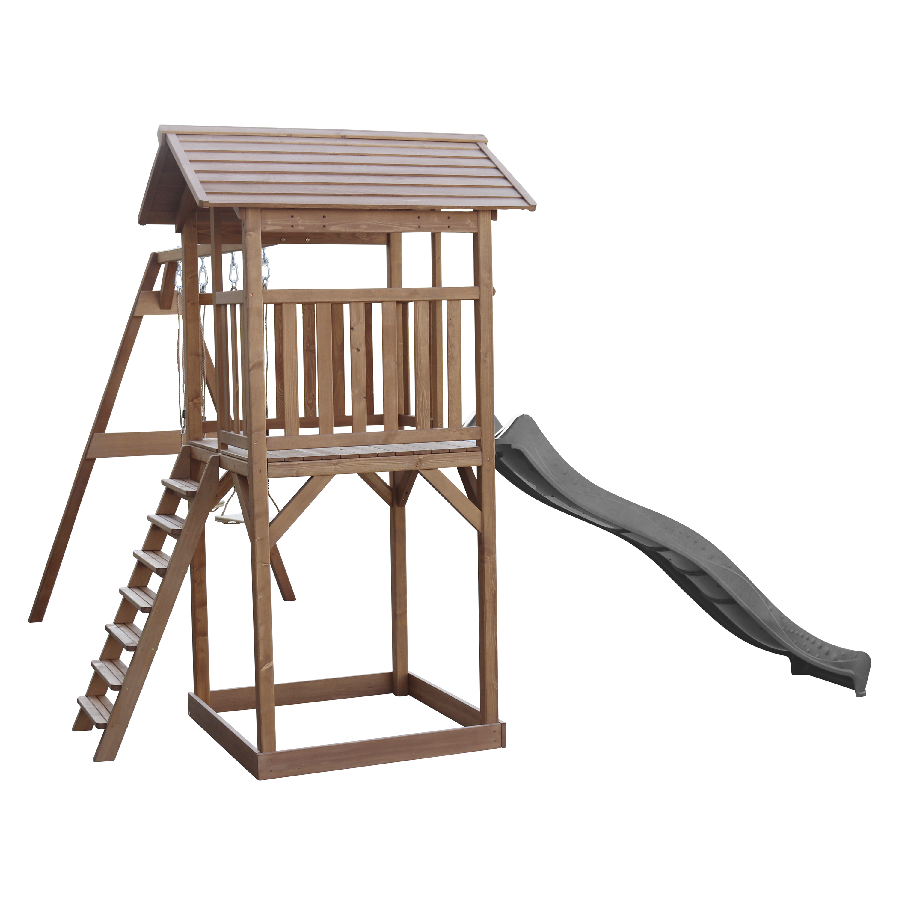 Spielplatz aus Holz mit Rutsche, Leiter und überdachter Plattform. Es ist braun und hat eine natürliche Holzfarbe.