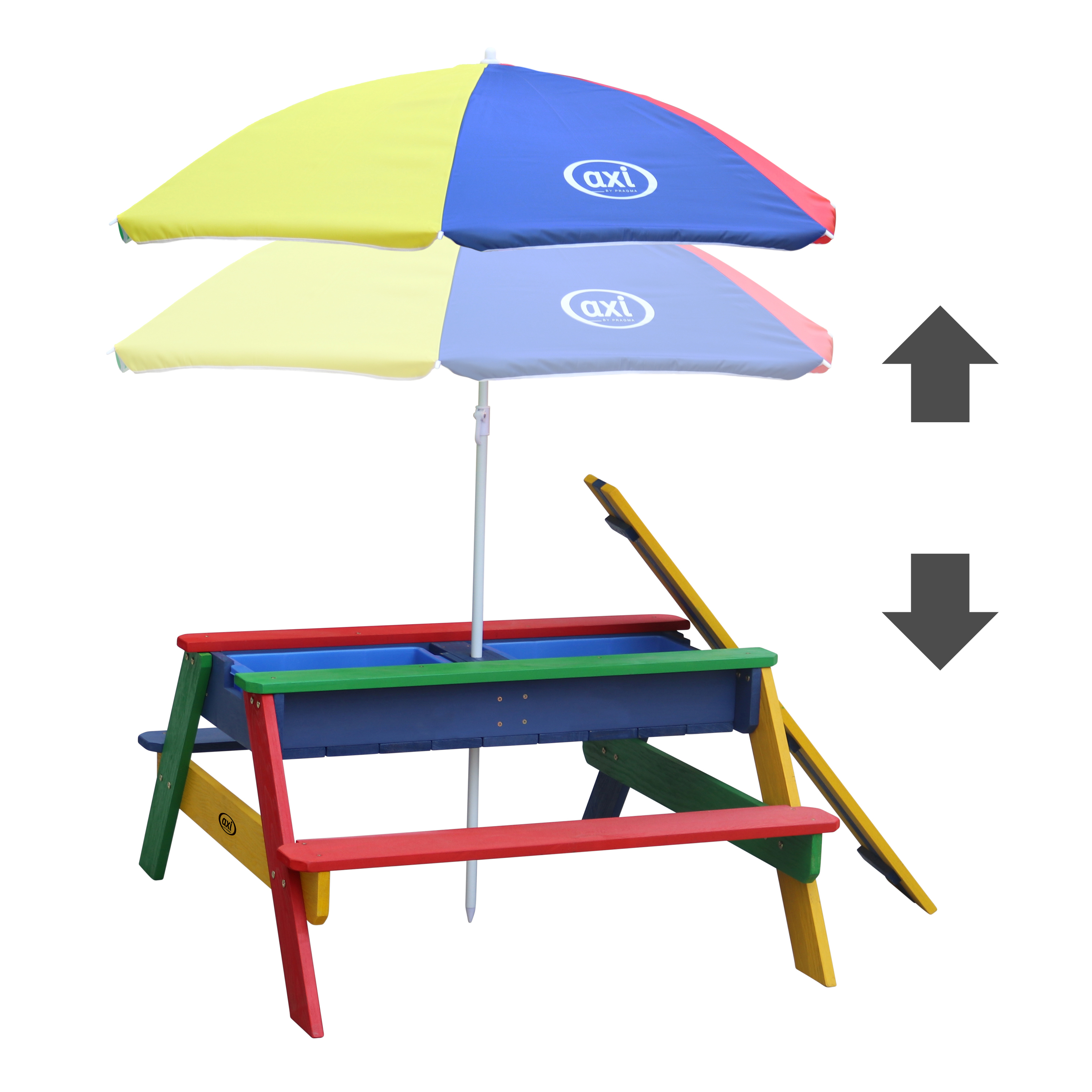 Ein farbenfroher Sandkasten-Tisch aus Holz mit Sonnenschirm und Pfeilen.