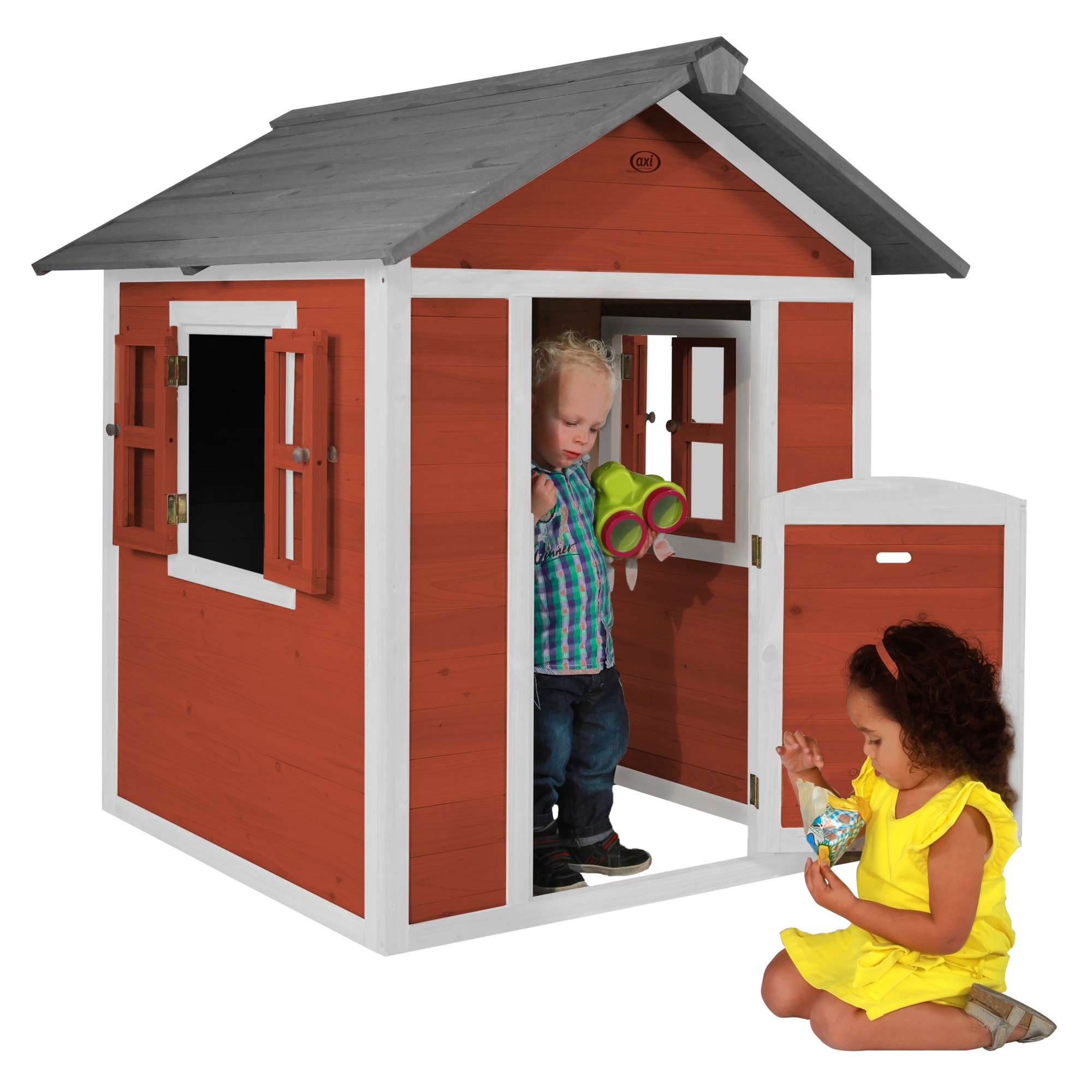 Rotes Holzspielhaus mit spielenden Kindern drinnen und draußen.