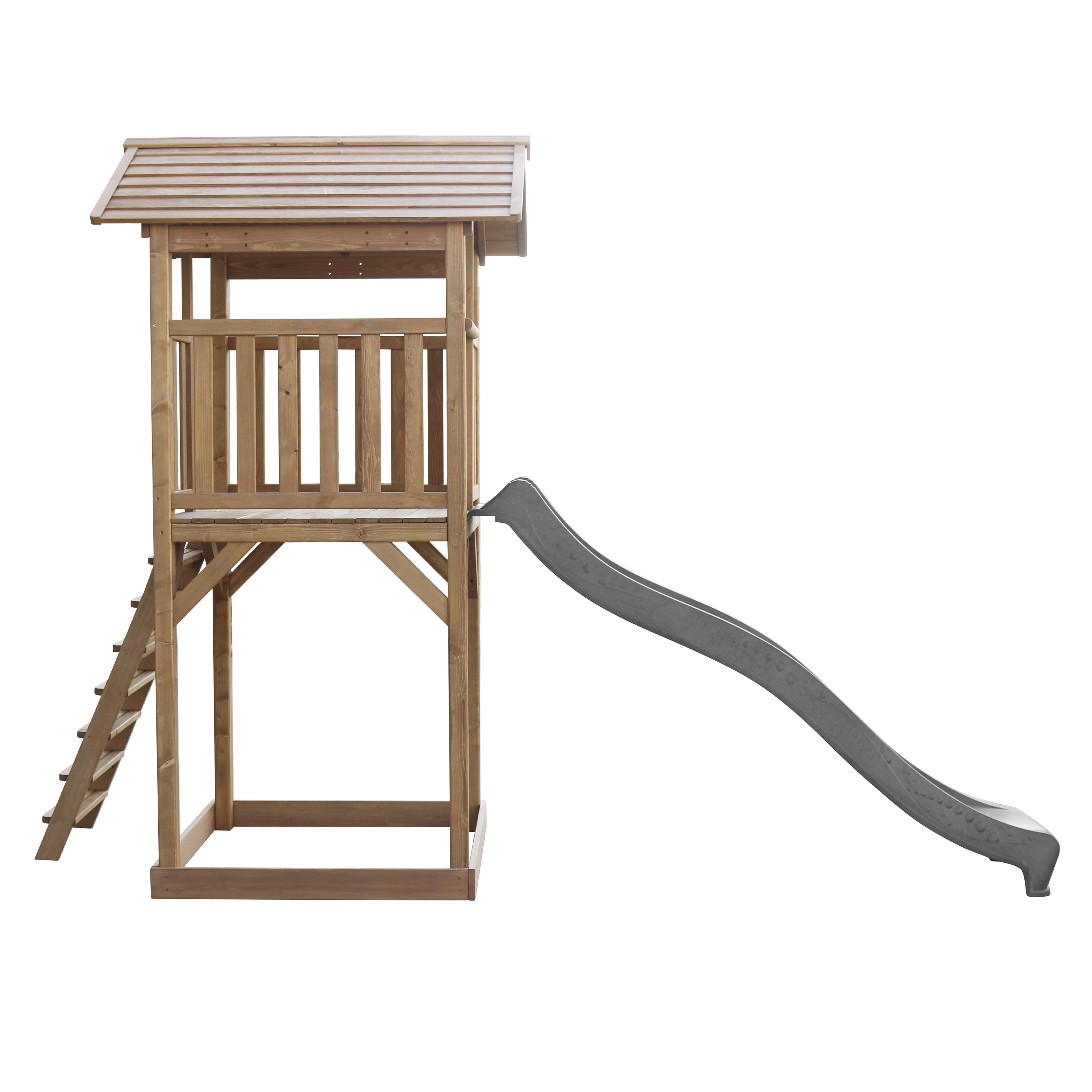 Ein hölzernes Spielset mit einem Turm, einer Leiter und einer grauen Rutsche, vor weißem Hintergrund.