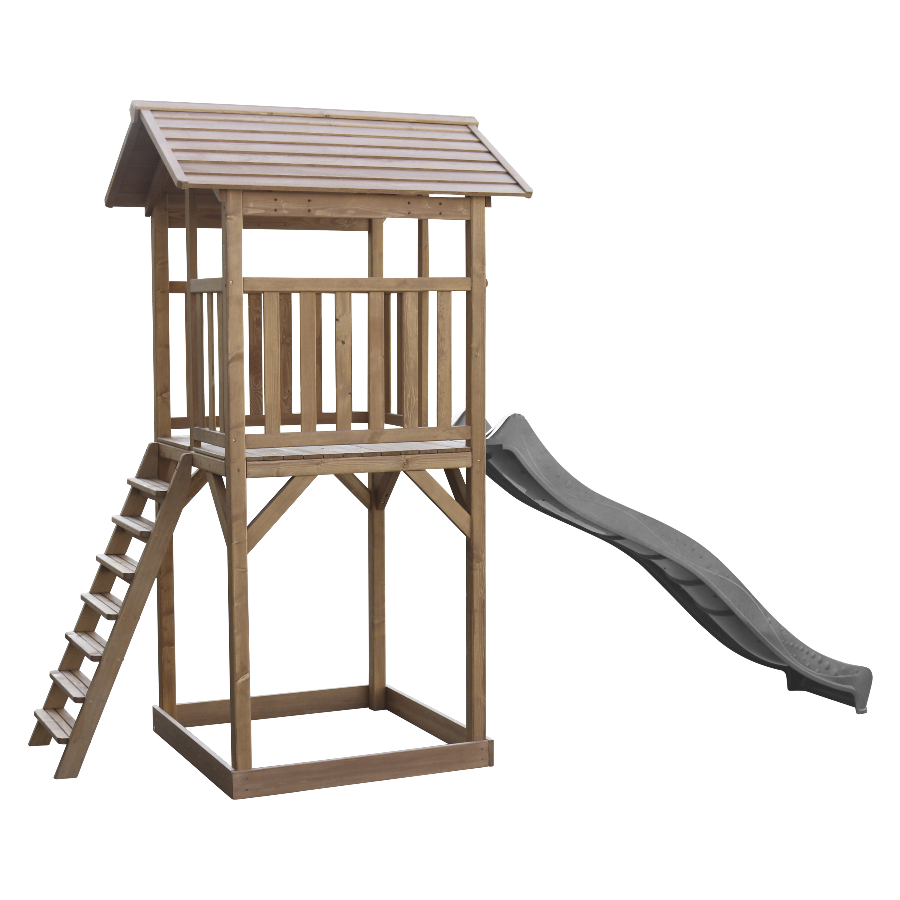 Eine Spielplatzstruktur aus Holz mit Rutsche und Leiter.