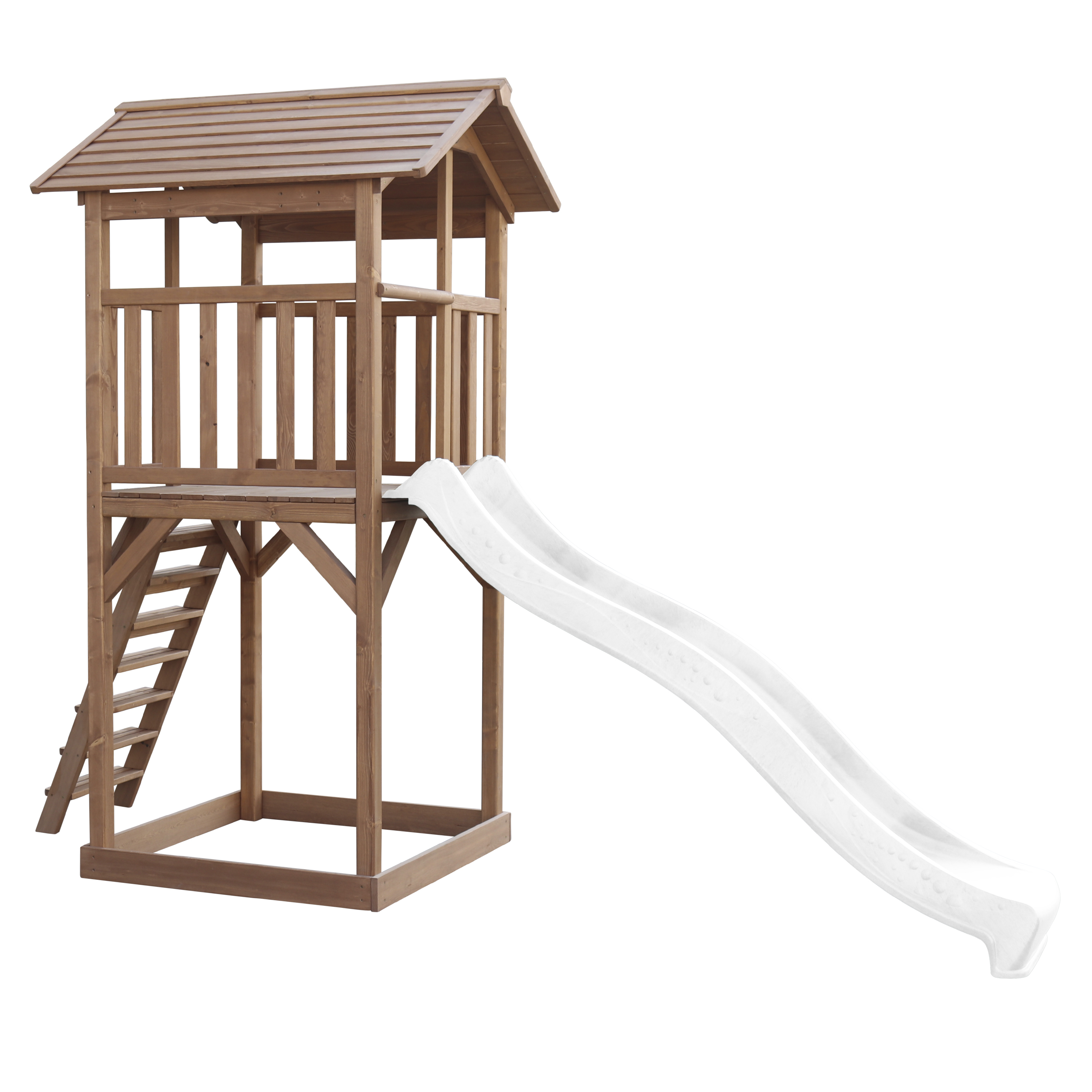 Ein hölzernes Spielset mit Rutsche, Treppe und einem kleinen Haus. Weißer Hintergrund.