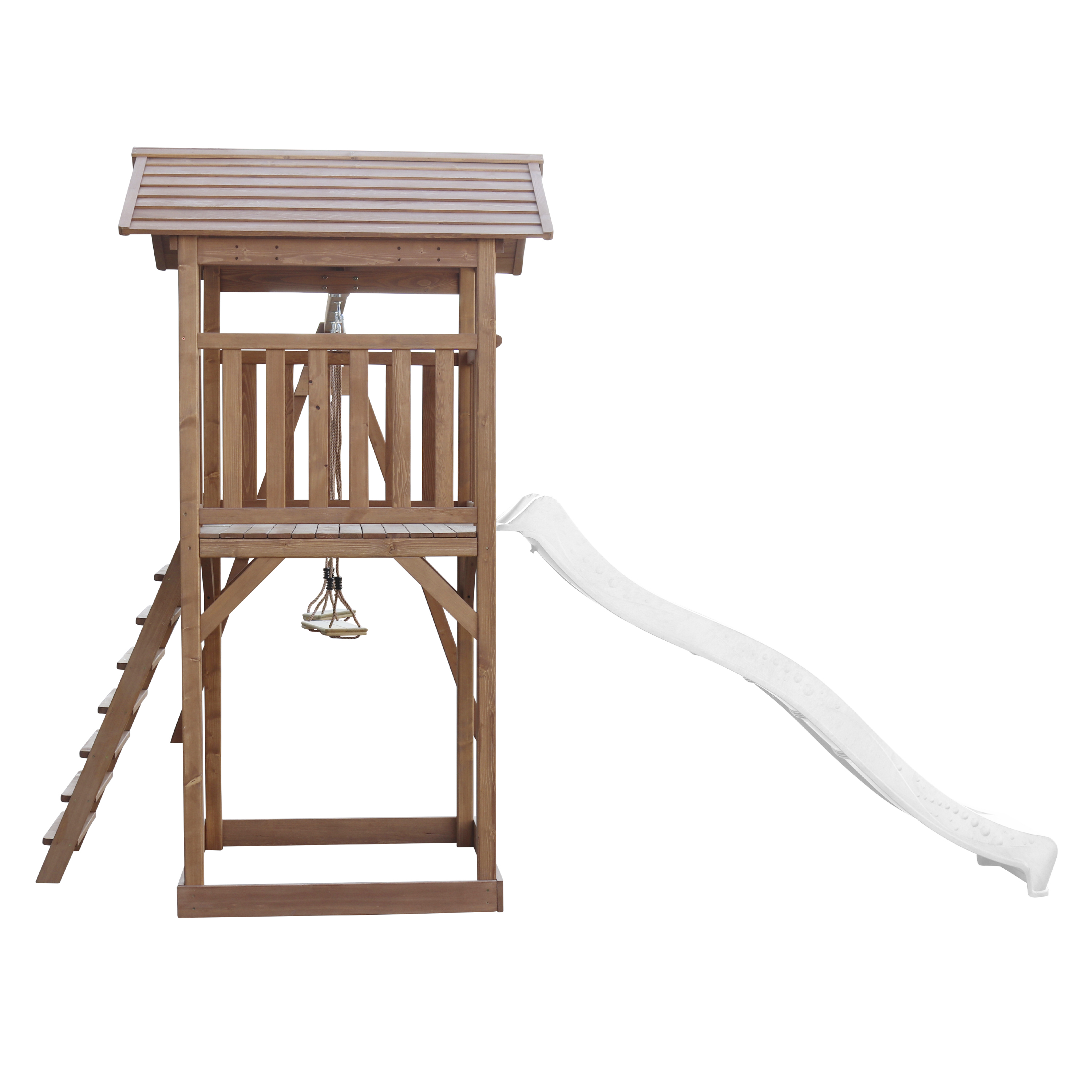 Spielplatz aus Holz mit Rutsche, Leiter und Schaukel. Braune Holzkonstruktion auf weißem Hintergrund.