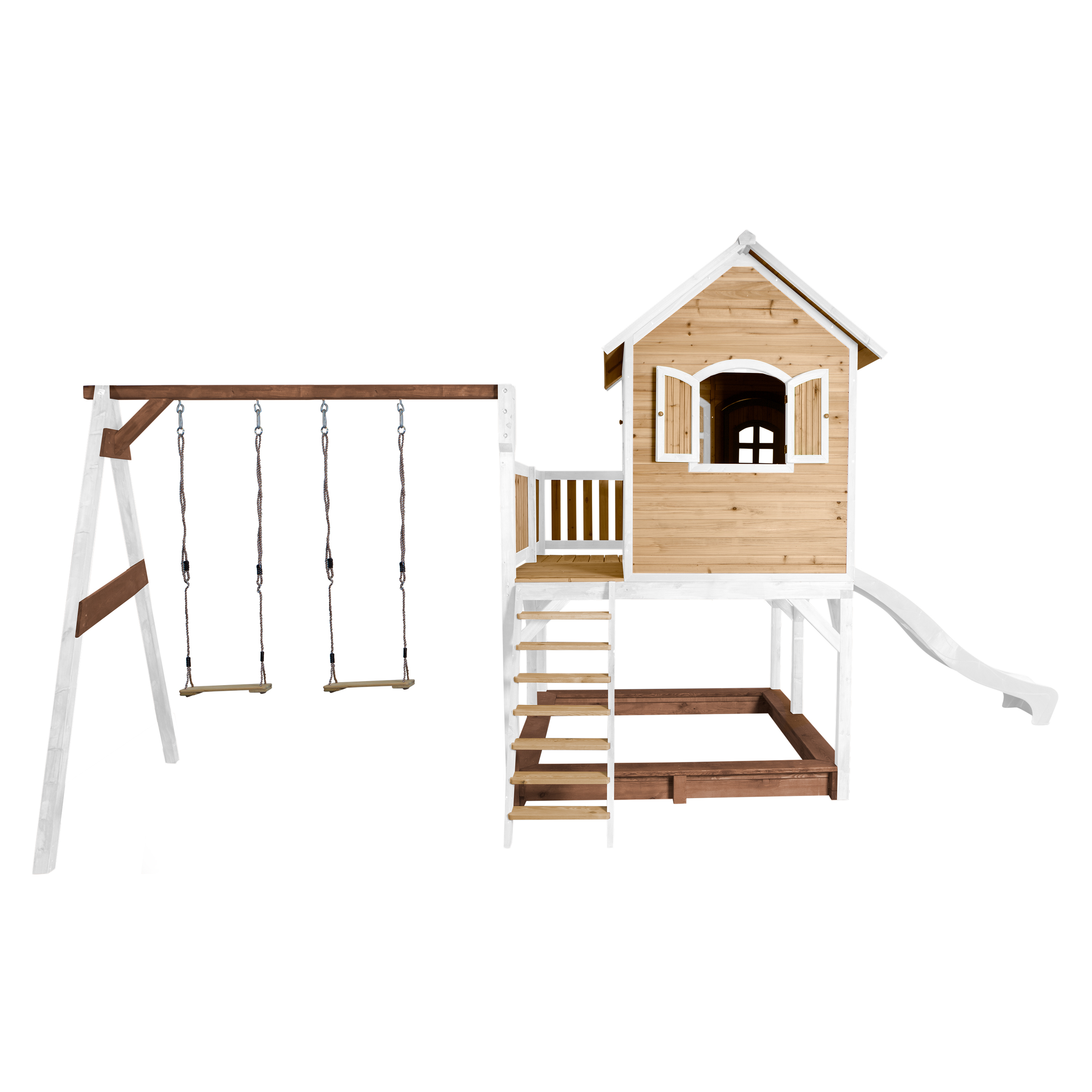 Spielplatz mit Schaukel, Rutsche und Spielhaus.