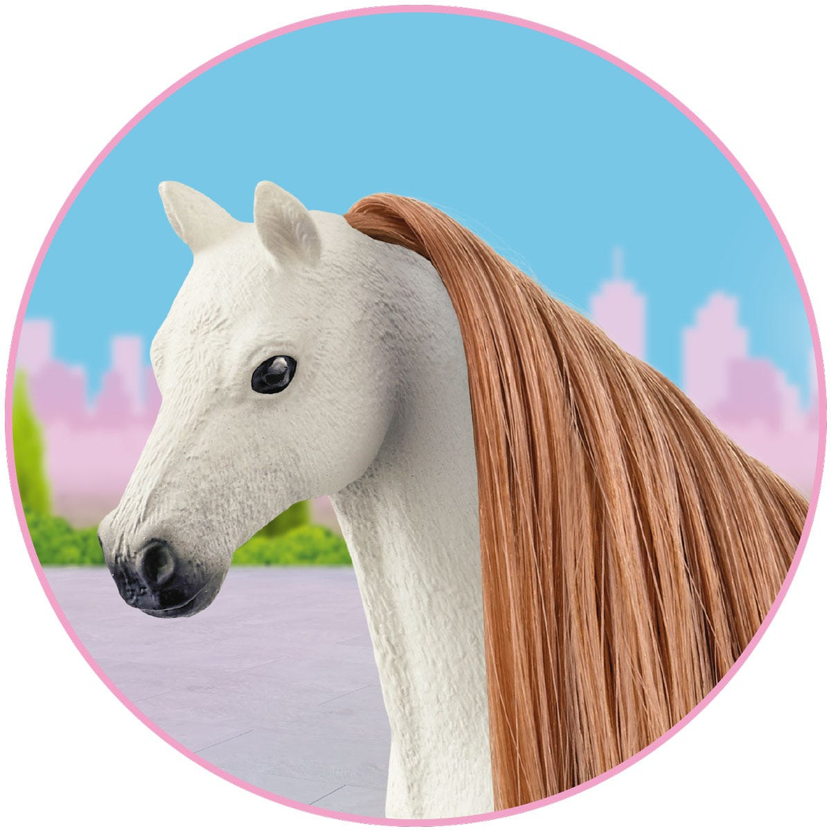 Testa di cavallo bianco con lunga criniera marrone, dentro un cerchio rosa.