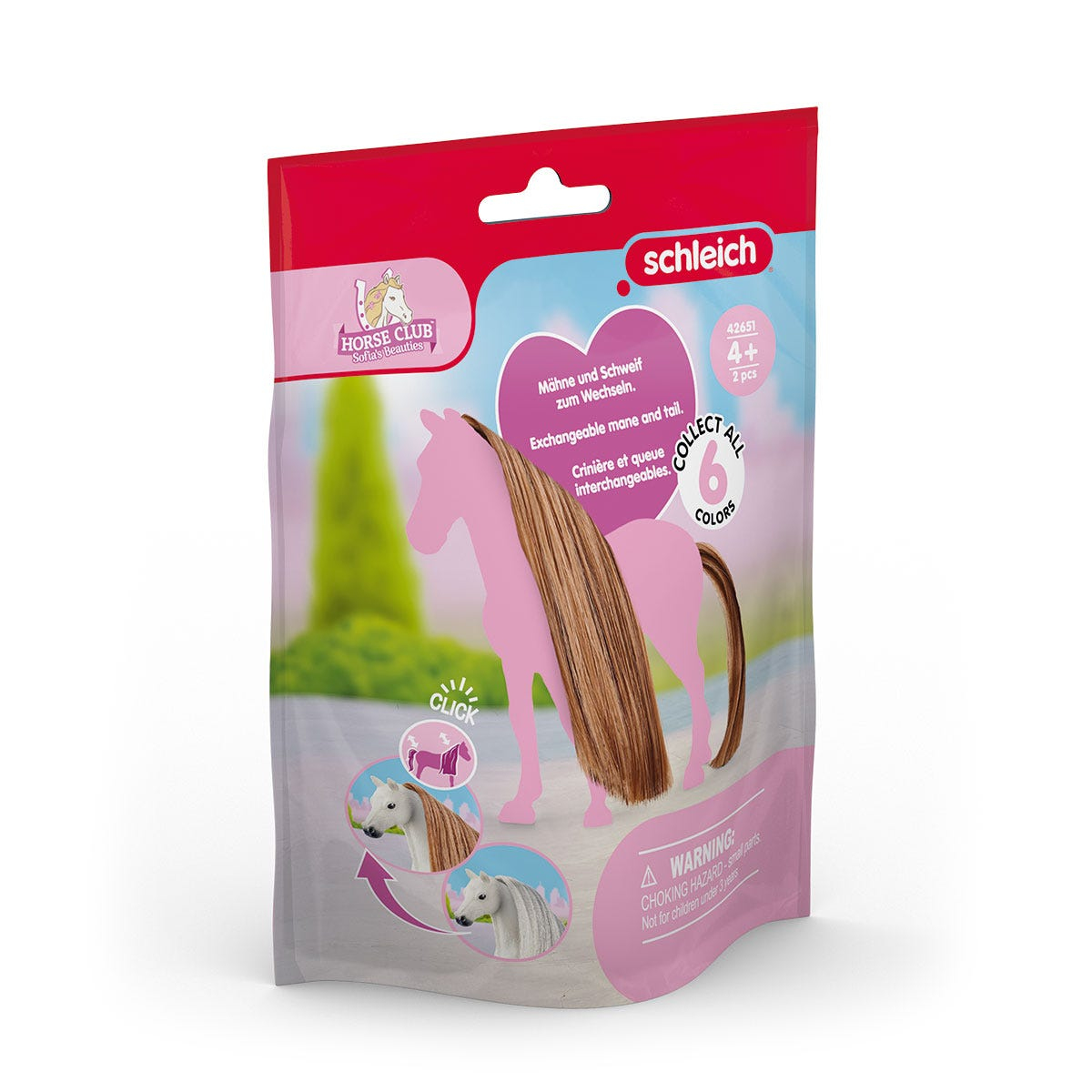 Kit criniera e coda per cavallo giocattolo. Il kit include parti intercambiabili in una confezione trasparente.