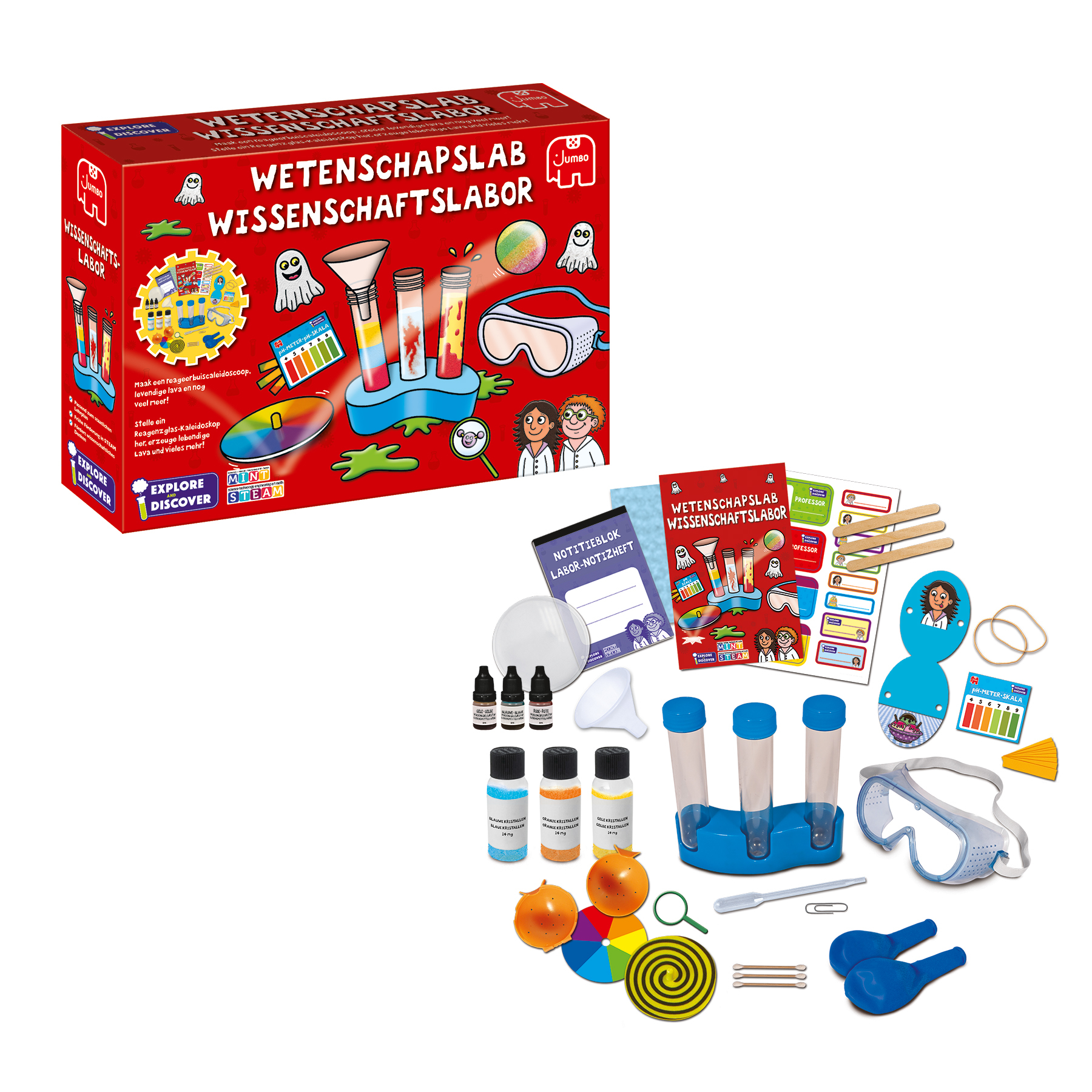 Ein Wissenschafts-Laborkit mit verschiedenen Werkzeugen und Chemikalien und einer Box mit Illustrationen.