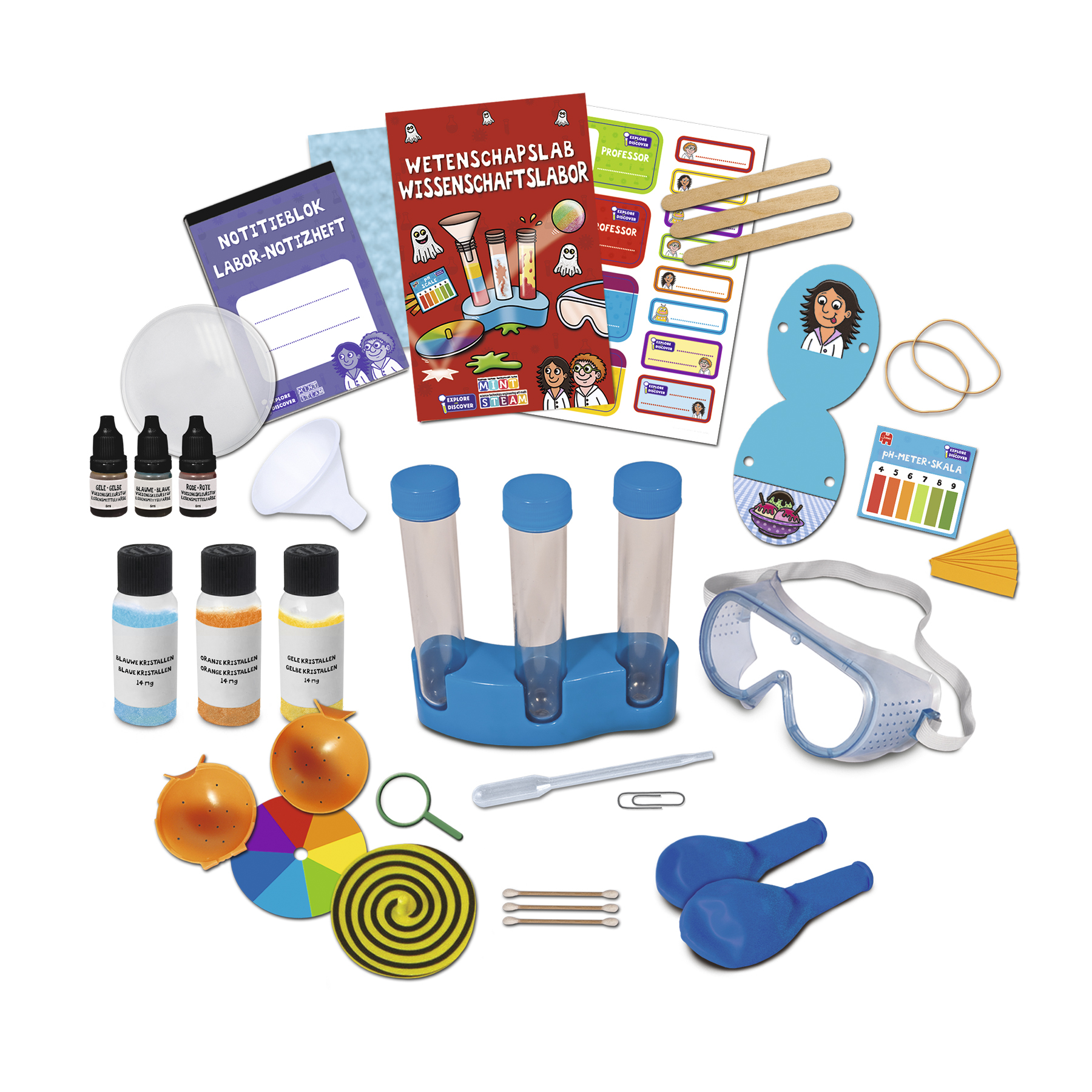 Ein wissenschaftliches Labor-Kit mit verschiedenen Gegenständen wie Bechern, Flüssigkeiten und Werkzeugen.