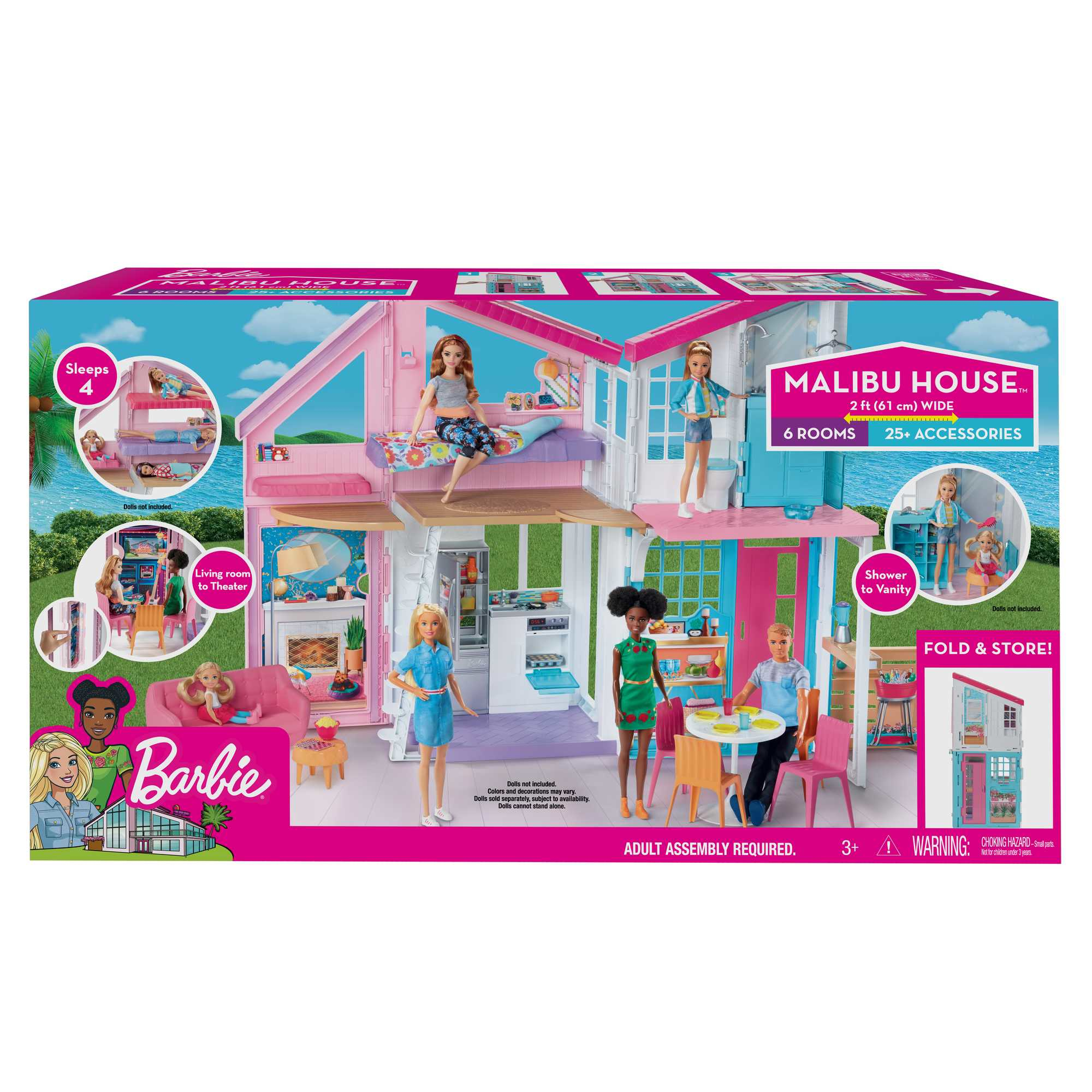 Barbie Malibu Haus Box mit Hausillustration. Enthält Figuren und Zubehör. Pink und Weiß.