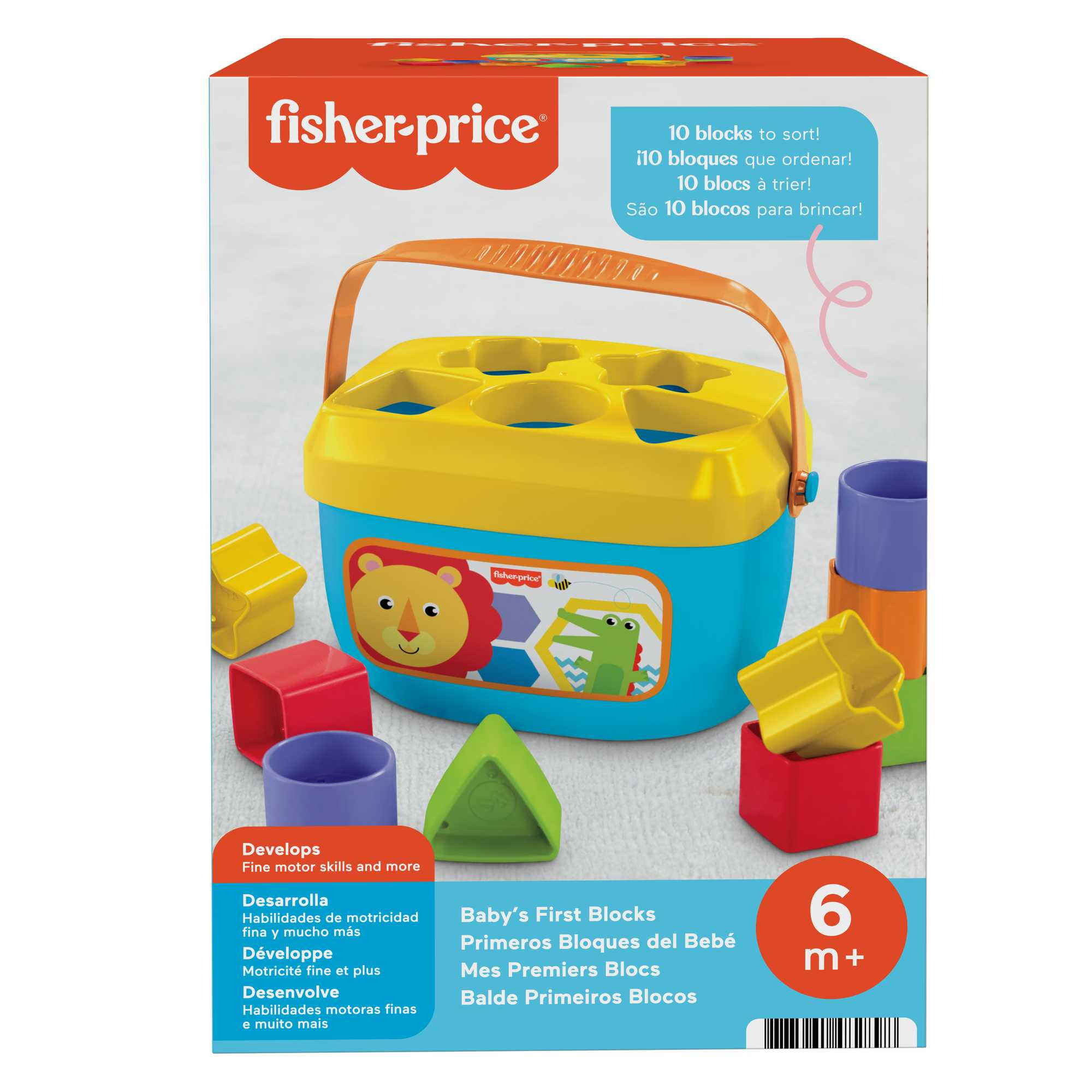 Zestaw Fisher-Price Baby's First Blocks. Zawiera pojemnik z kształtami i kolorowymi klockami.