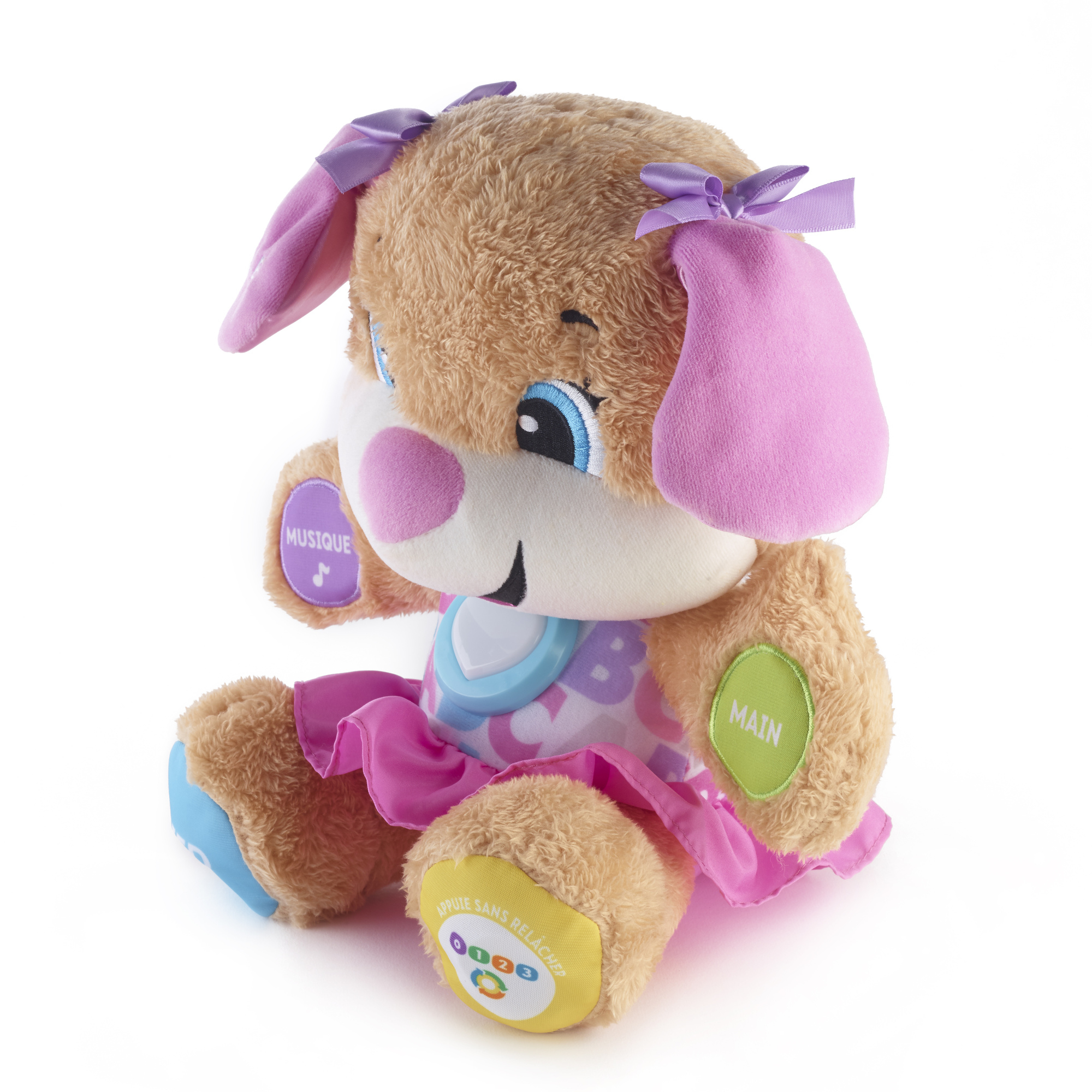 Juguete de perro de peluche rosa y marrón con botones. Tiene orejas rosas, falda rosa y pata azul.