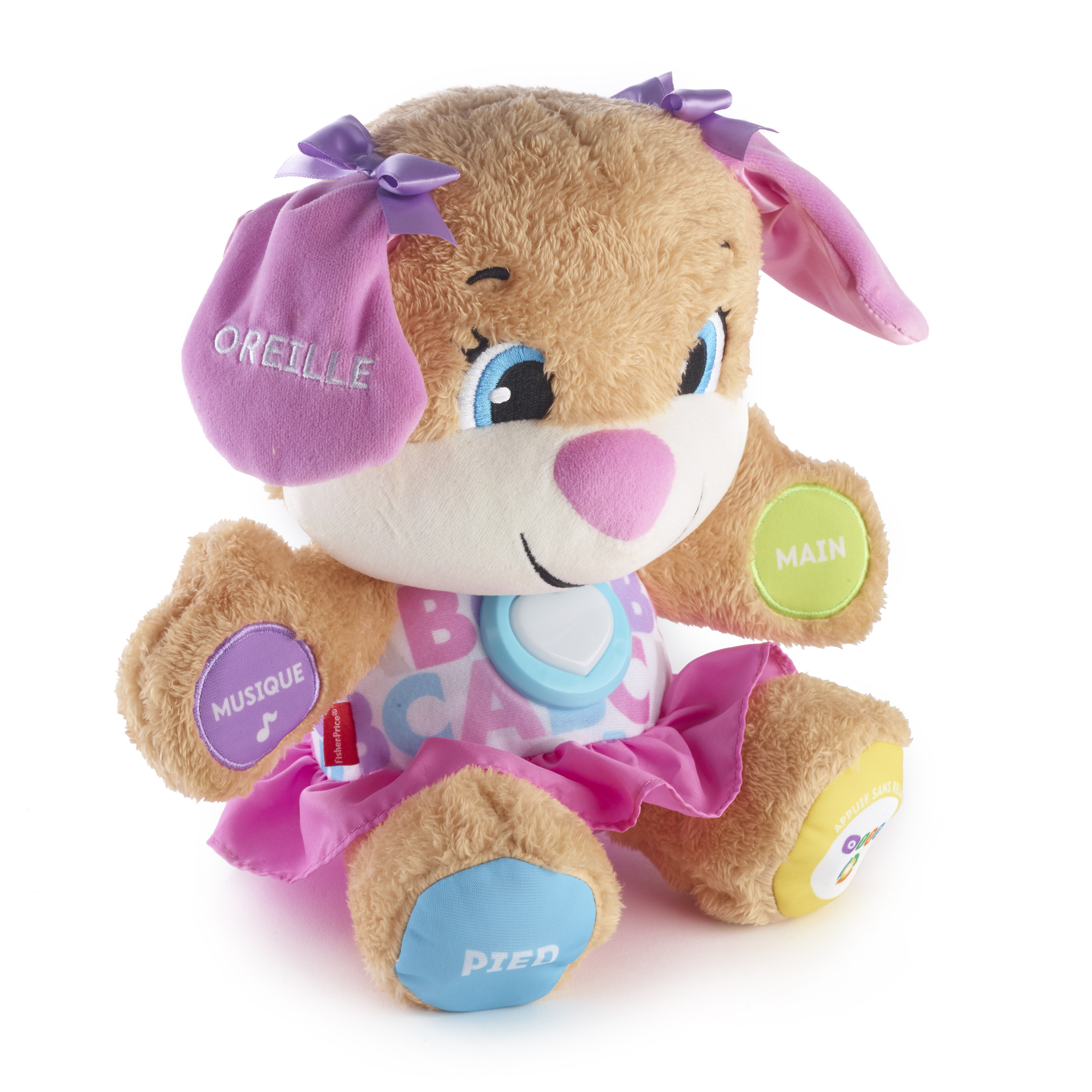 Un peluche de cachorro Fisher Price con botones y etiquetas en francés. Es rosa y marrón.