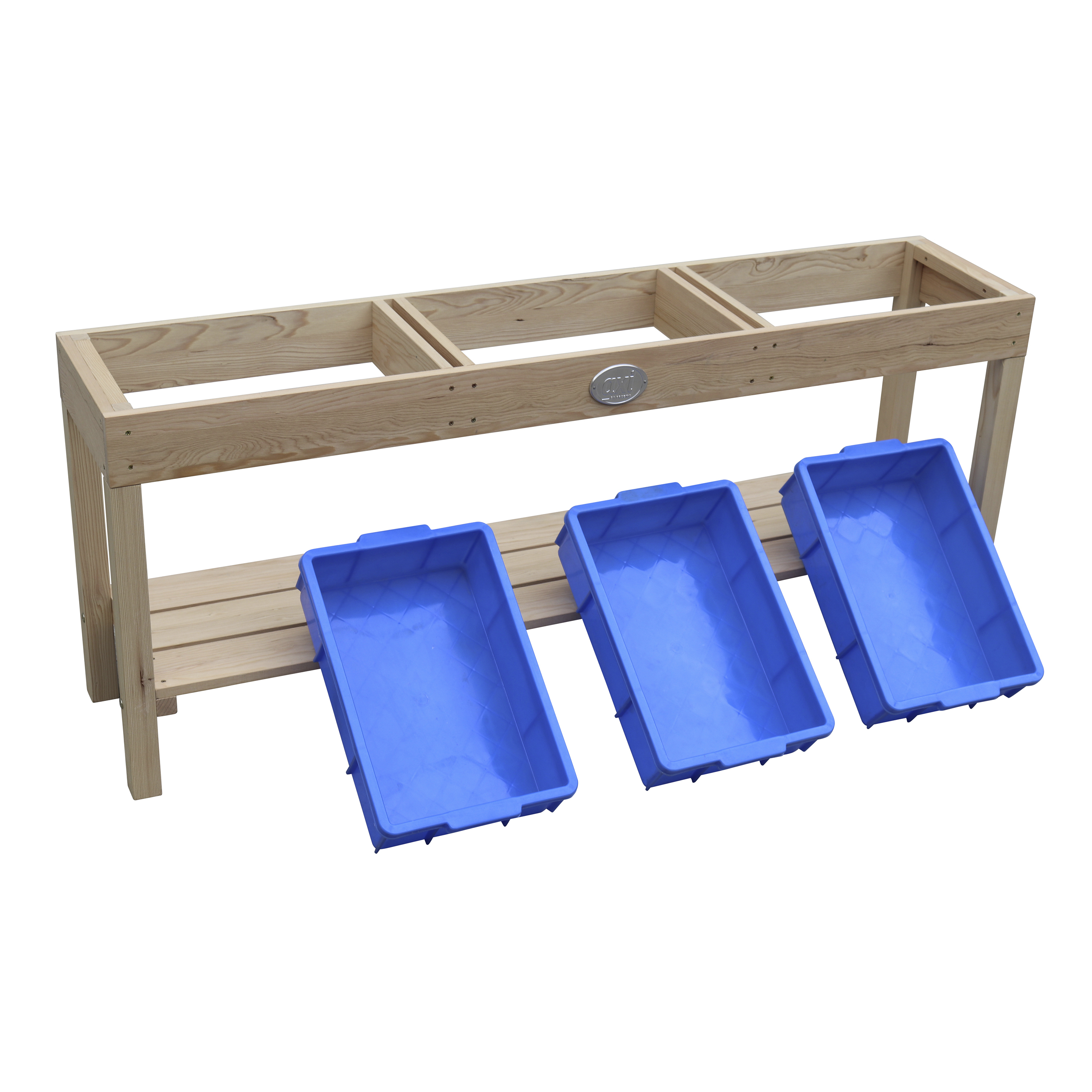 Holzbank mit drei blauen Aufbewahrungsboxen darunter. Die Bank ist aus hellem Holz gefertigt.